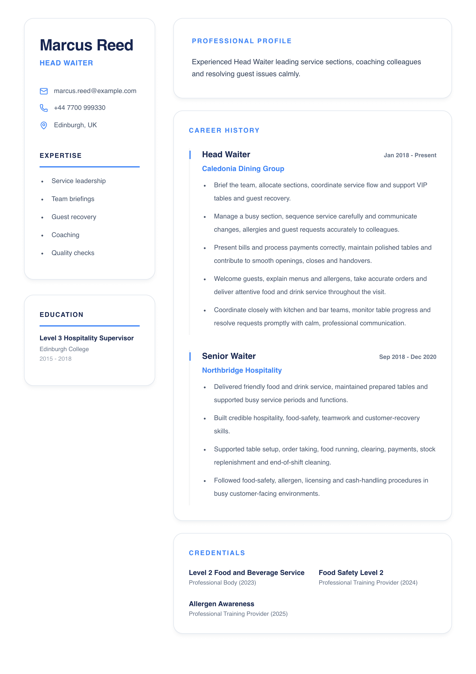 Head Waiter CV template