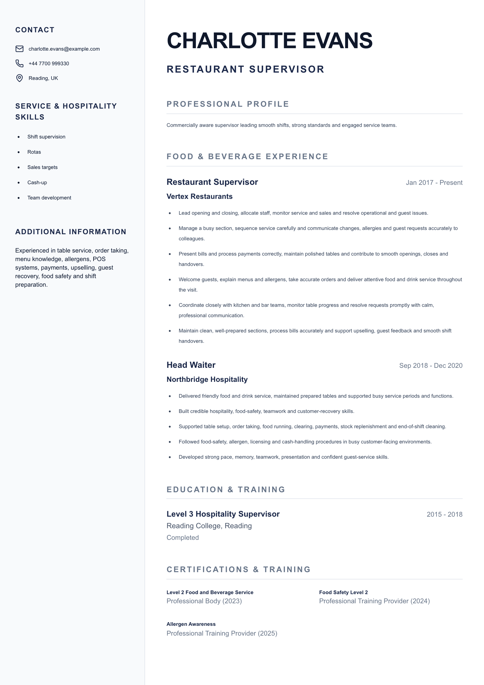 Restaurant Supervisor CV template