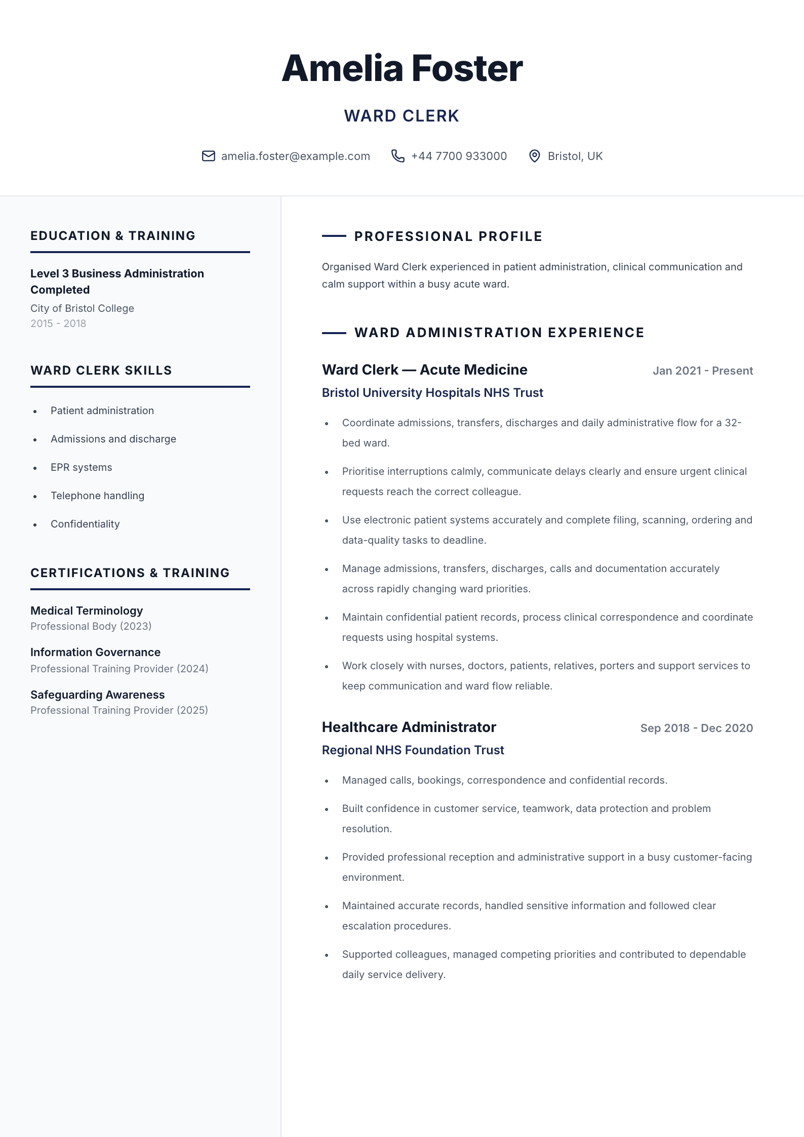 Ward clerk CV