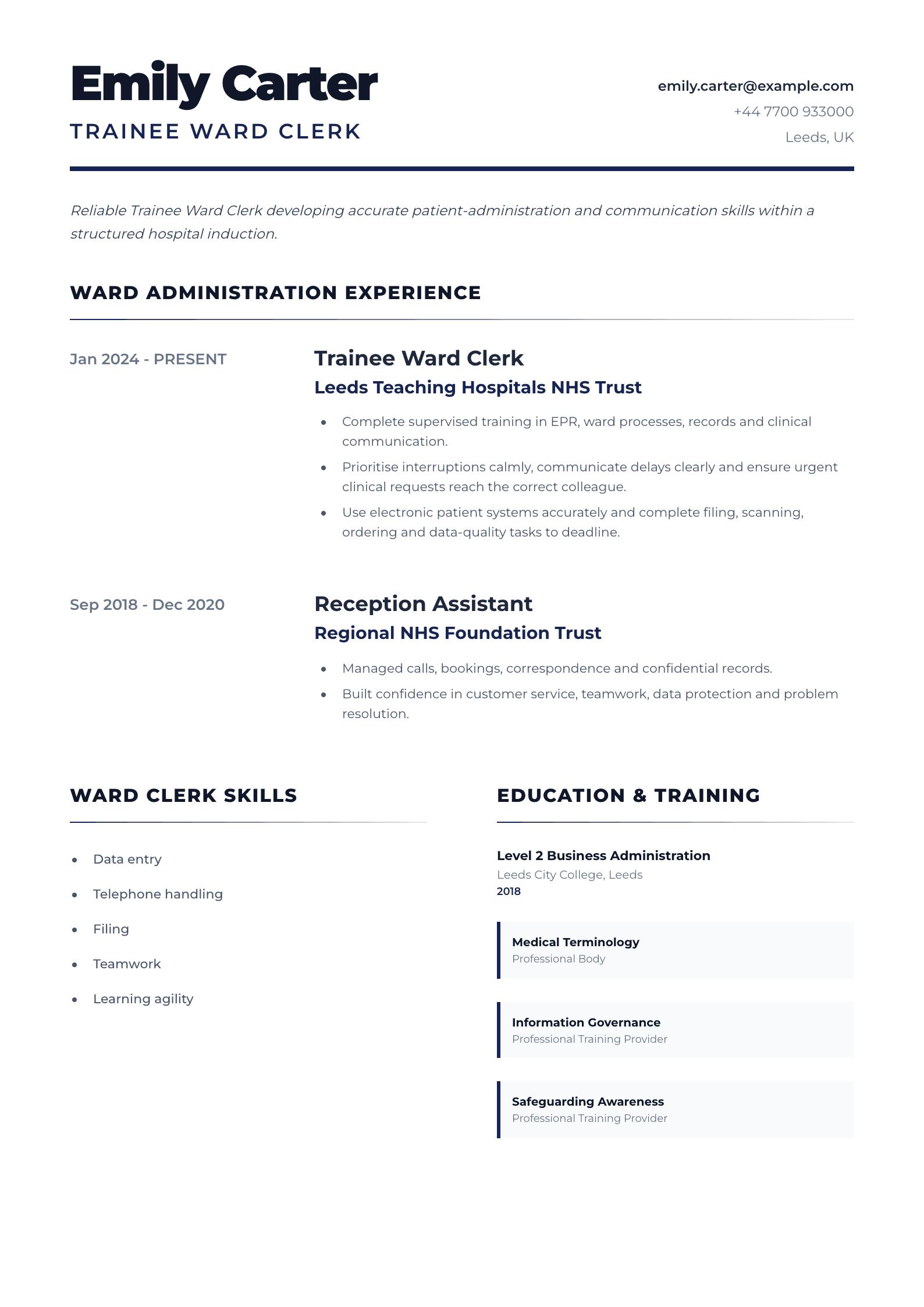Trainee Ward Clerk CV template