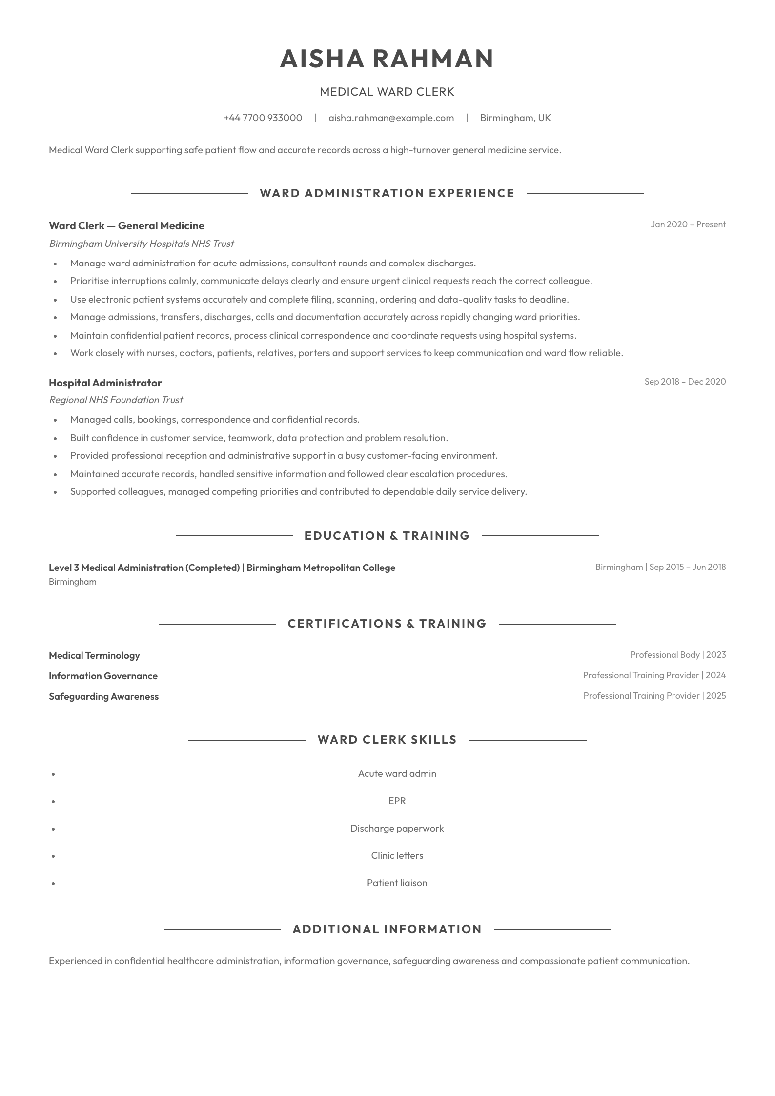 Medical Ward Clerk CV template