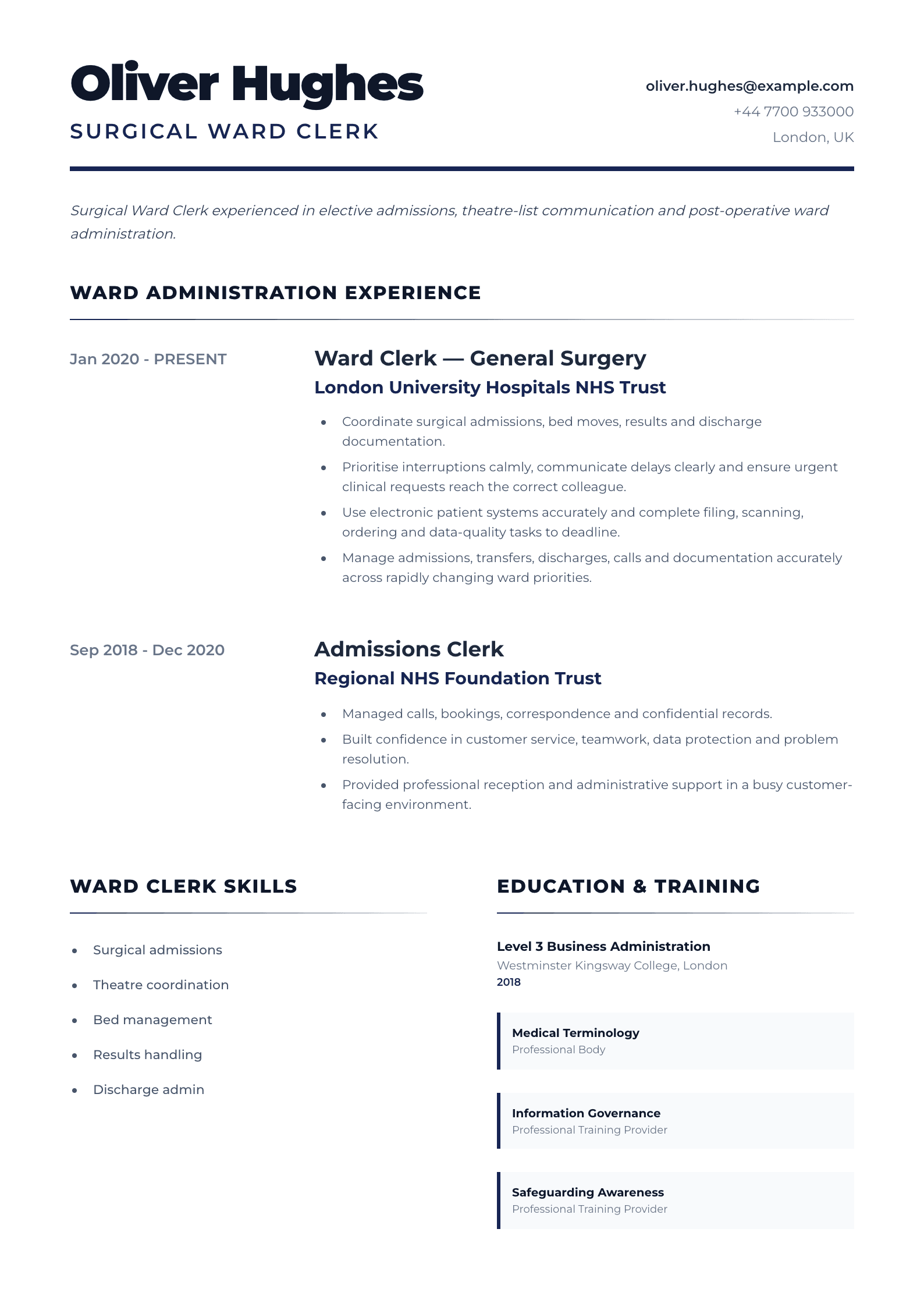 Surgical Ward Clerk CV template