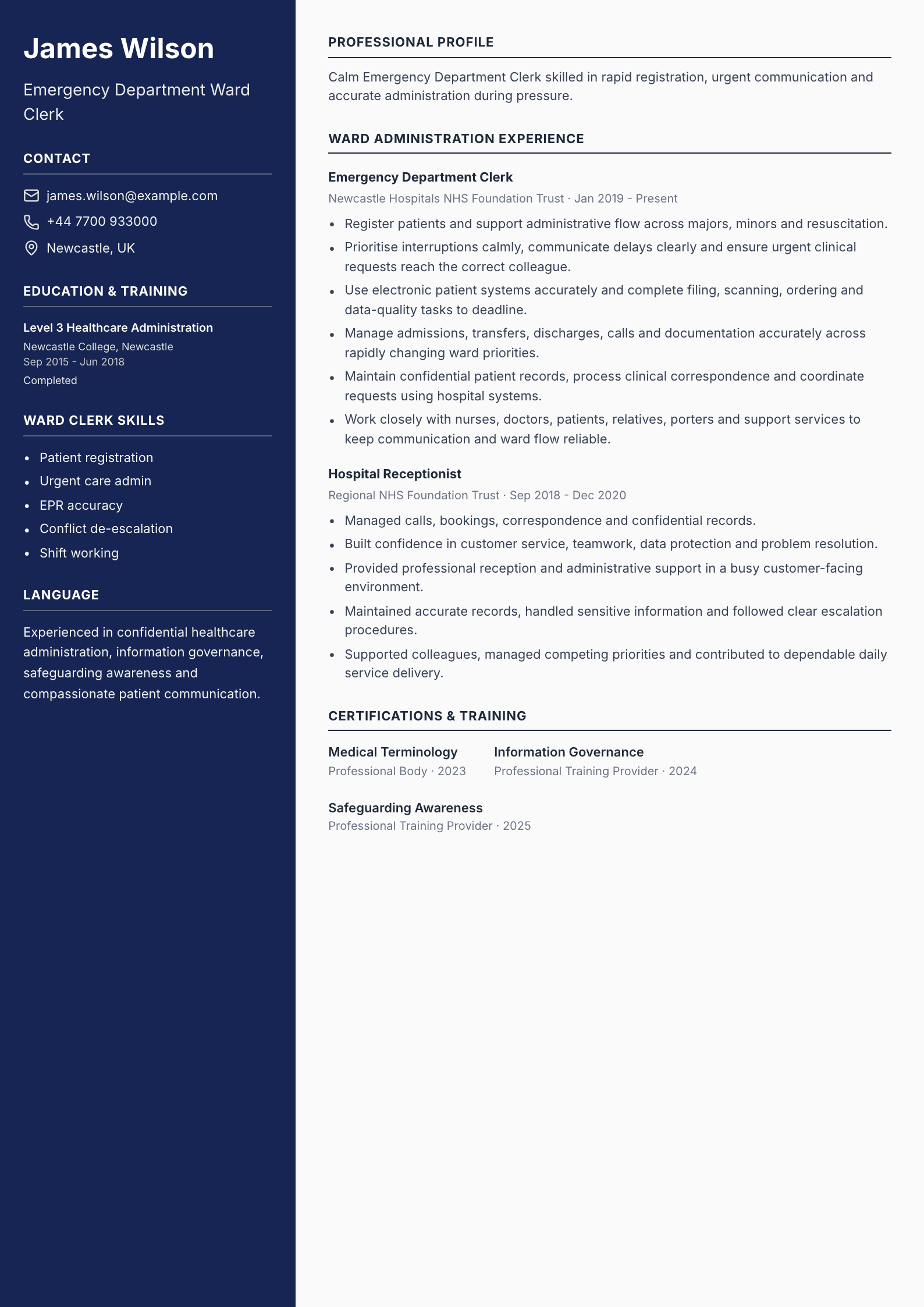 Emergency Department Ward Clerk CV template