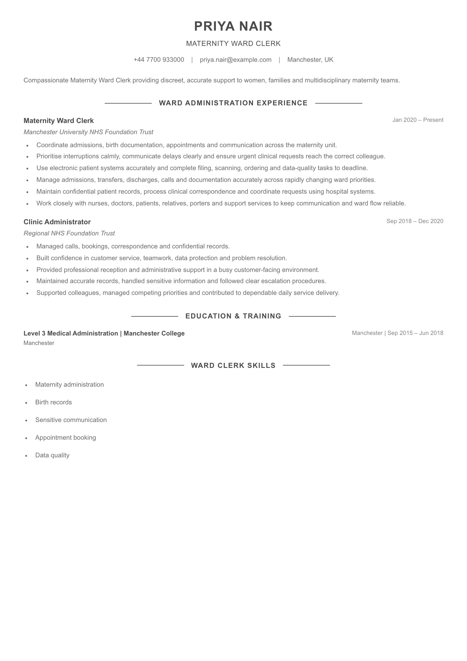 Maternity Ward Clerk CV template