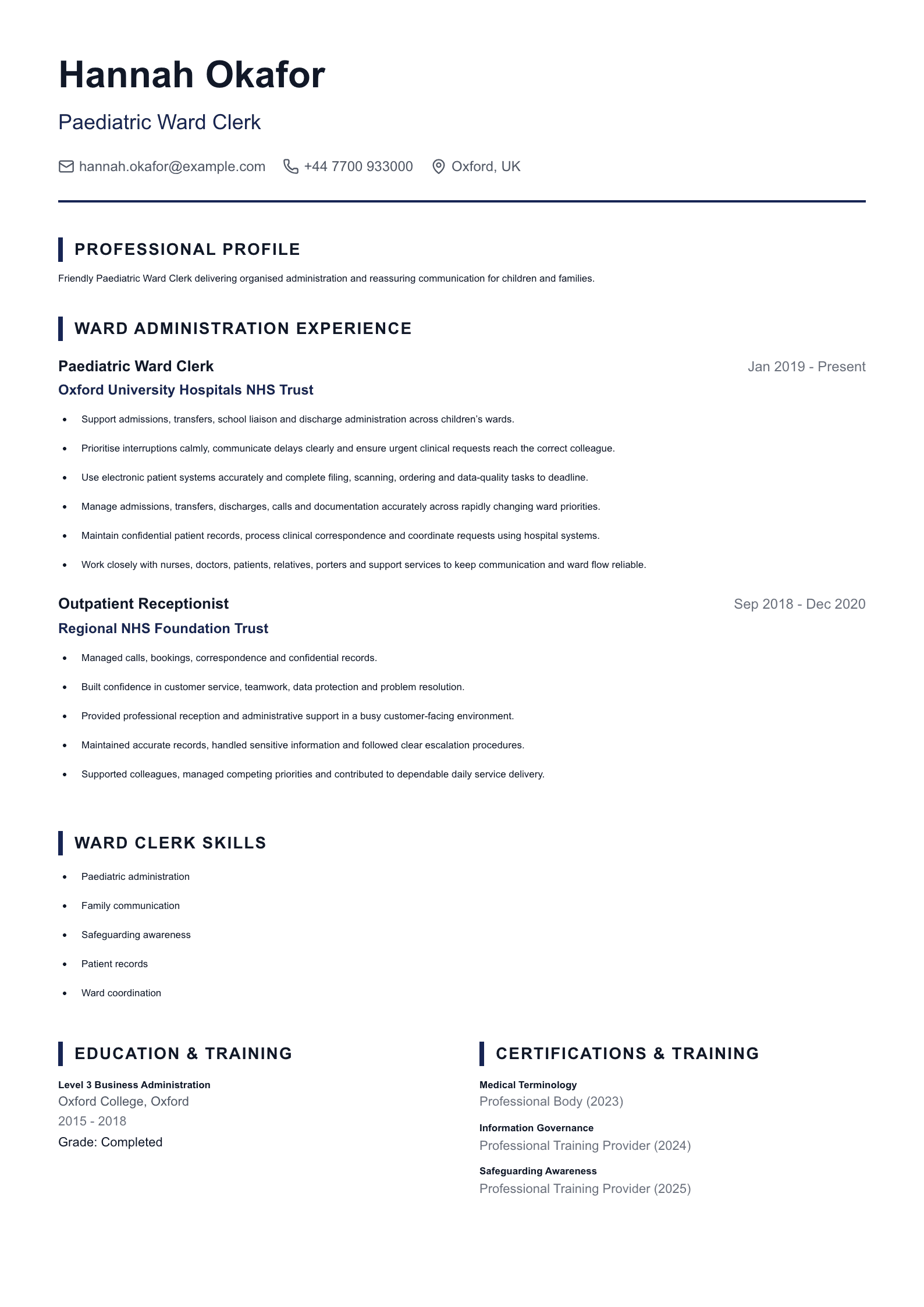 Paediatric Ward Clerk CV template