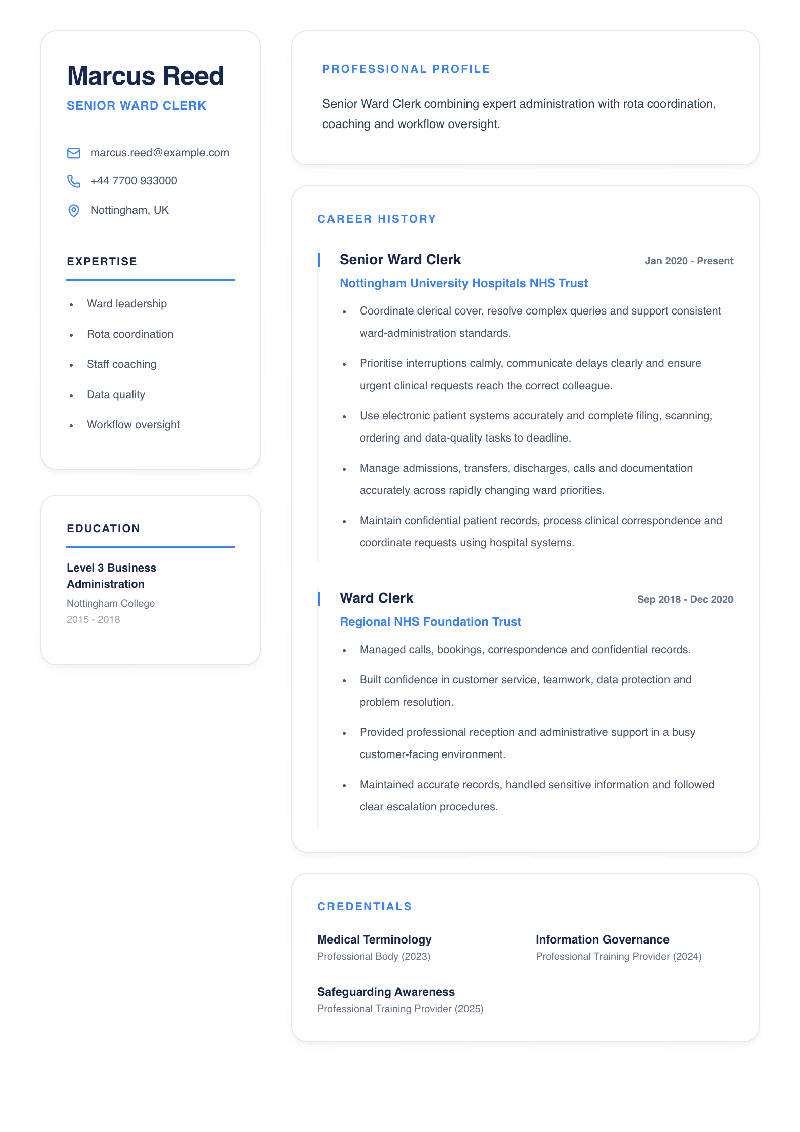 Senior Ward Clerk CV template