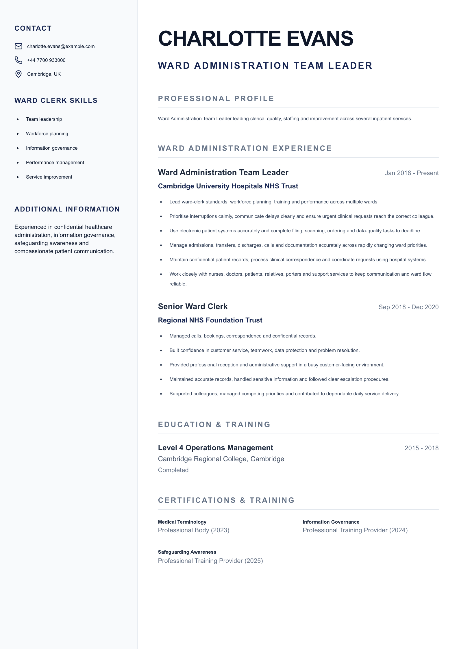 Ward Administration Team Leader CV template