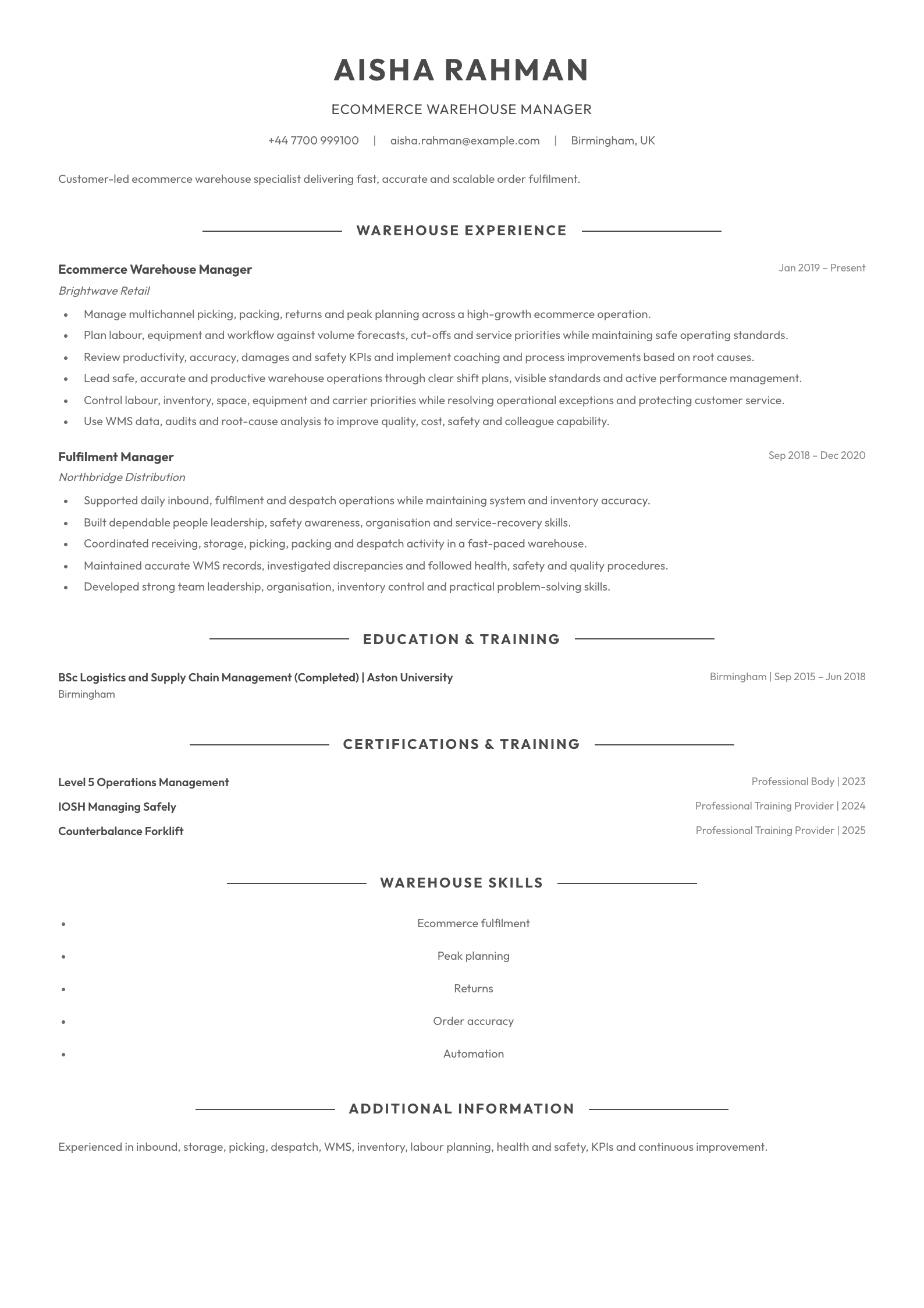 Ecommerce Warehouse Manager CV template
