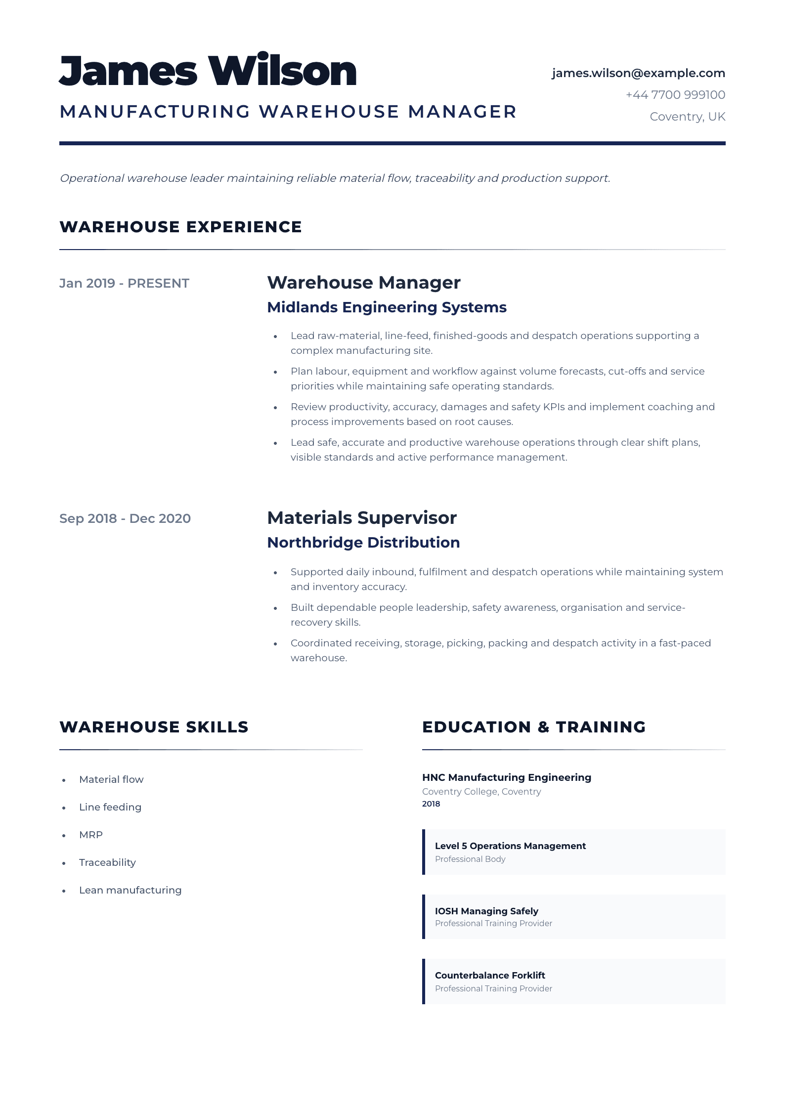 Manufacturing Warehouse Manager CV template