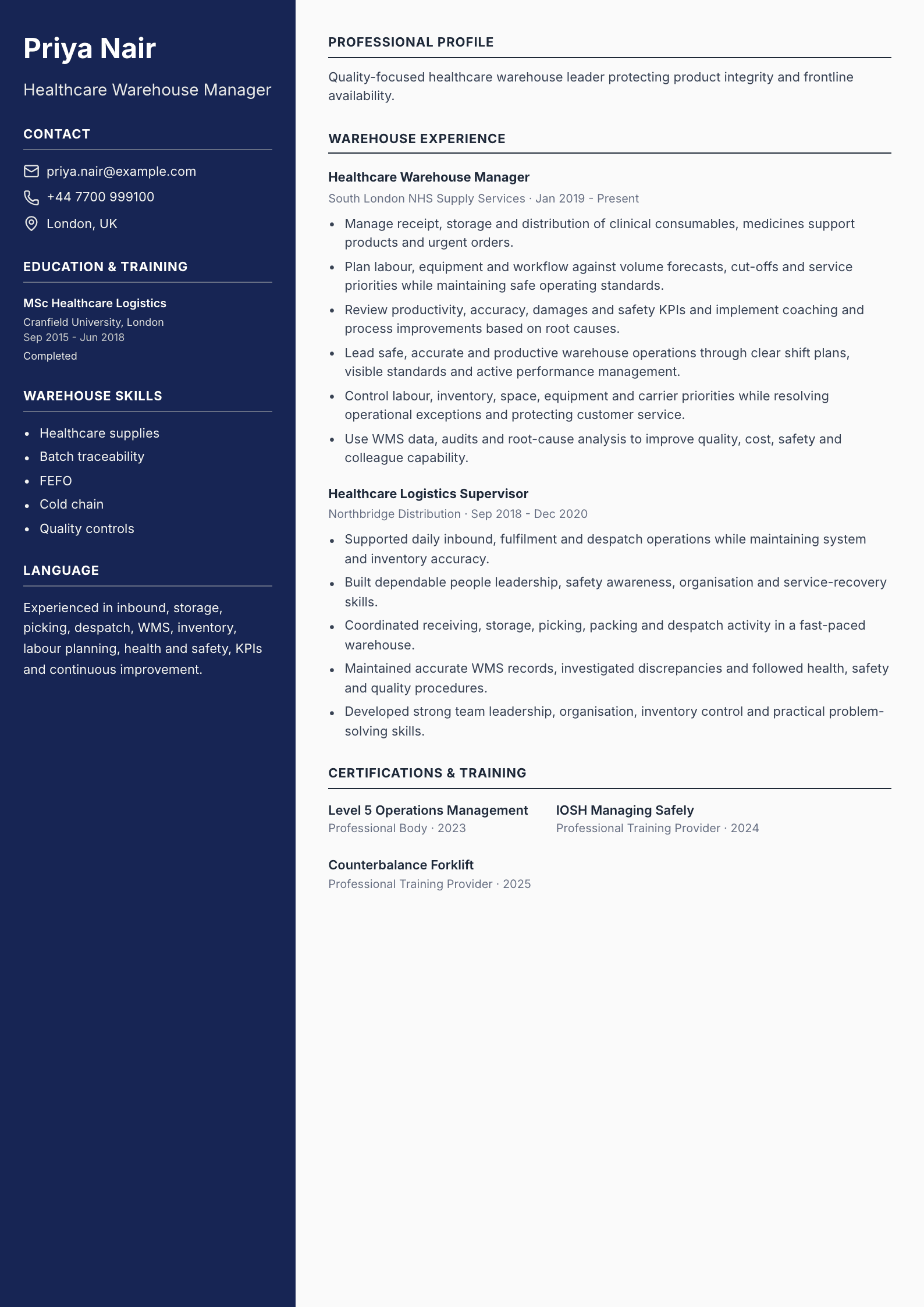 Healthcare Warehouse Manager CV template