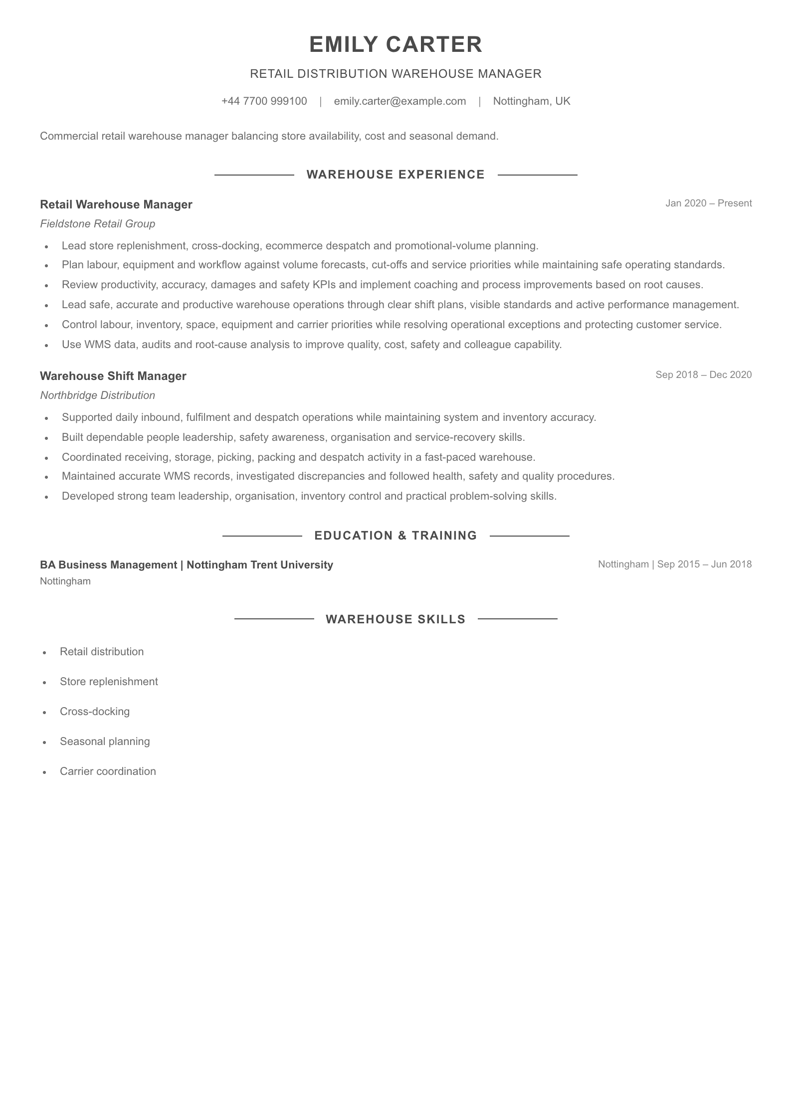 Retail Warehouse Manager CV template