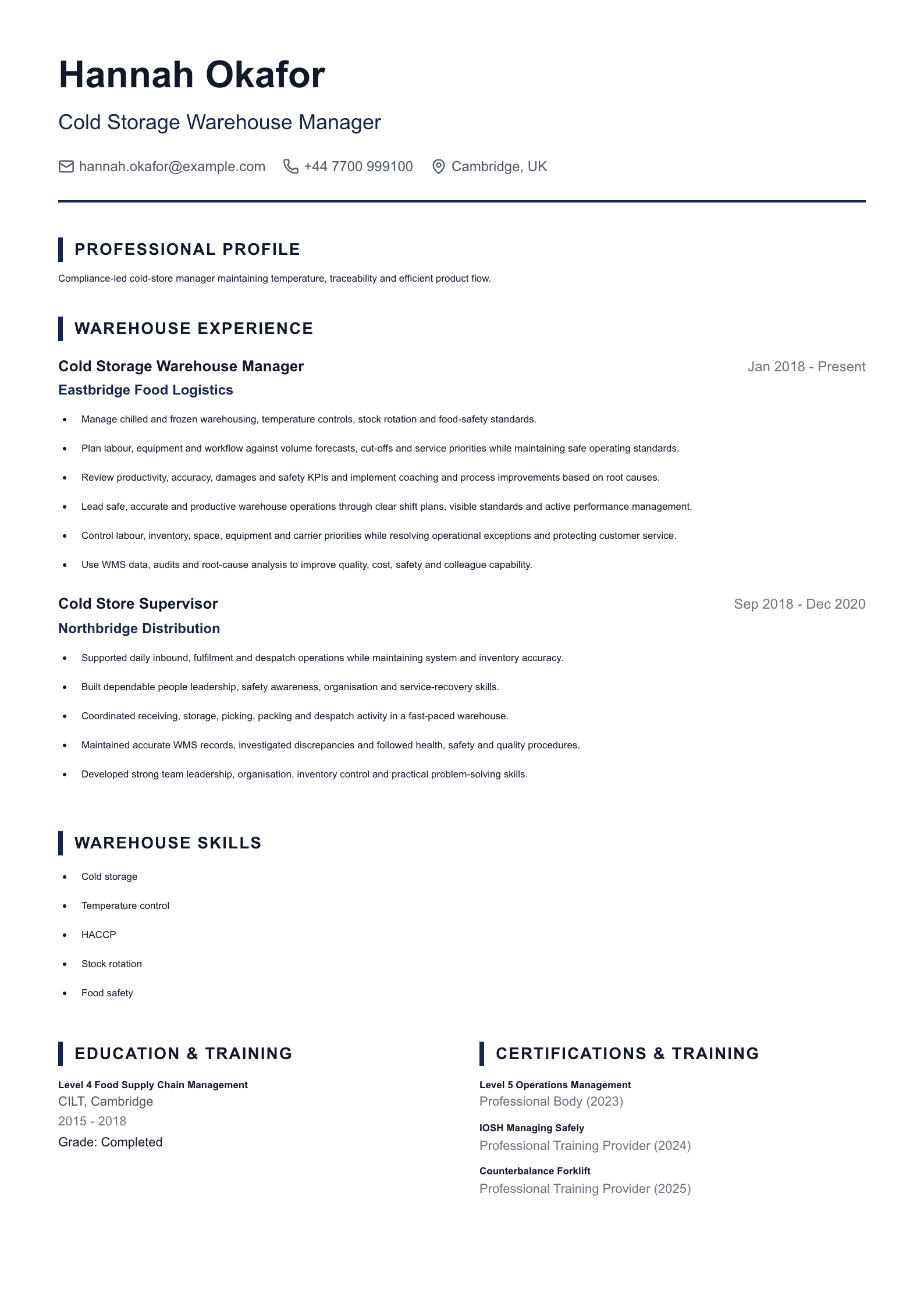 Cold Storage Warehouse Manager CV template