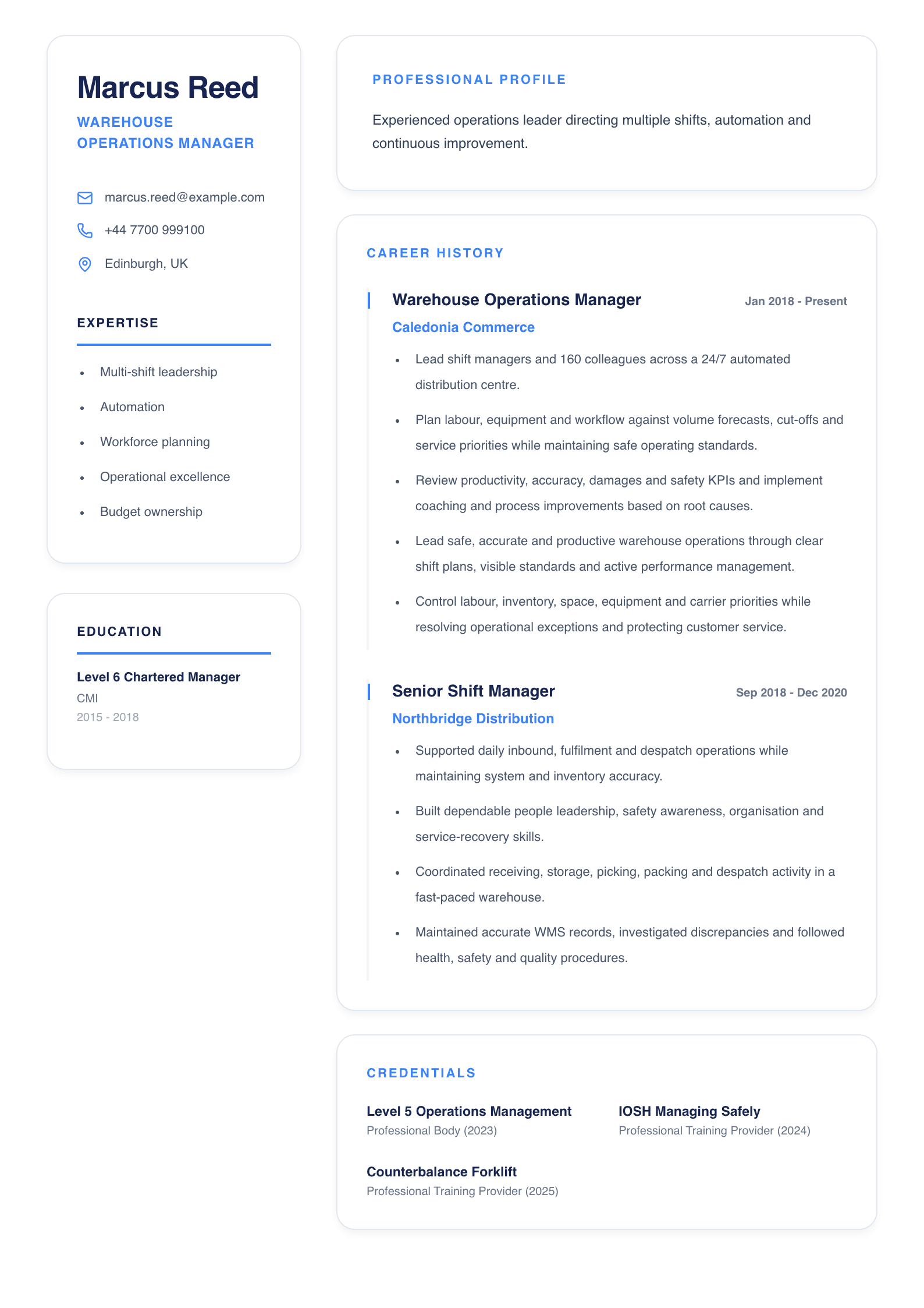 Warehouse Operations Manager CV template