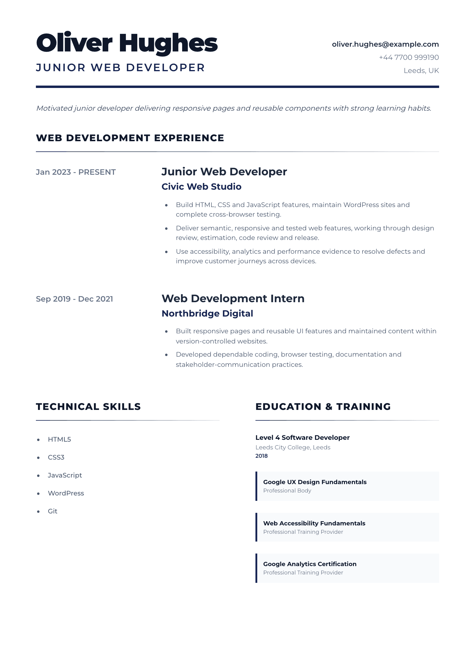 Junior Web Developer CV template