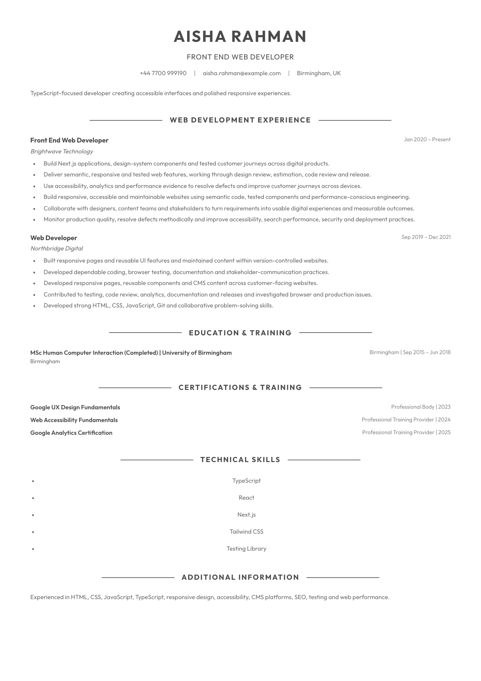 Front End Web Developer CV template