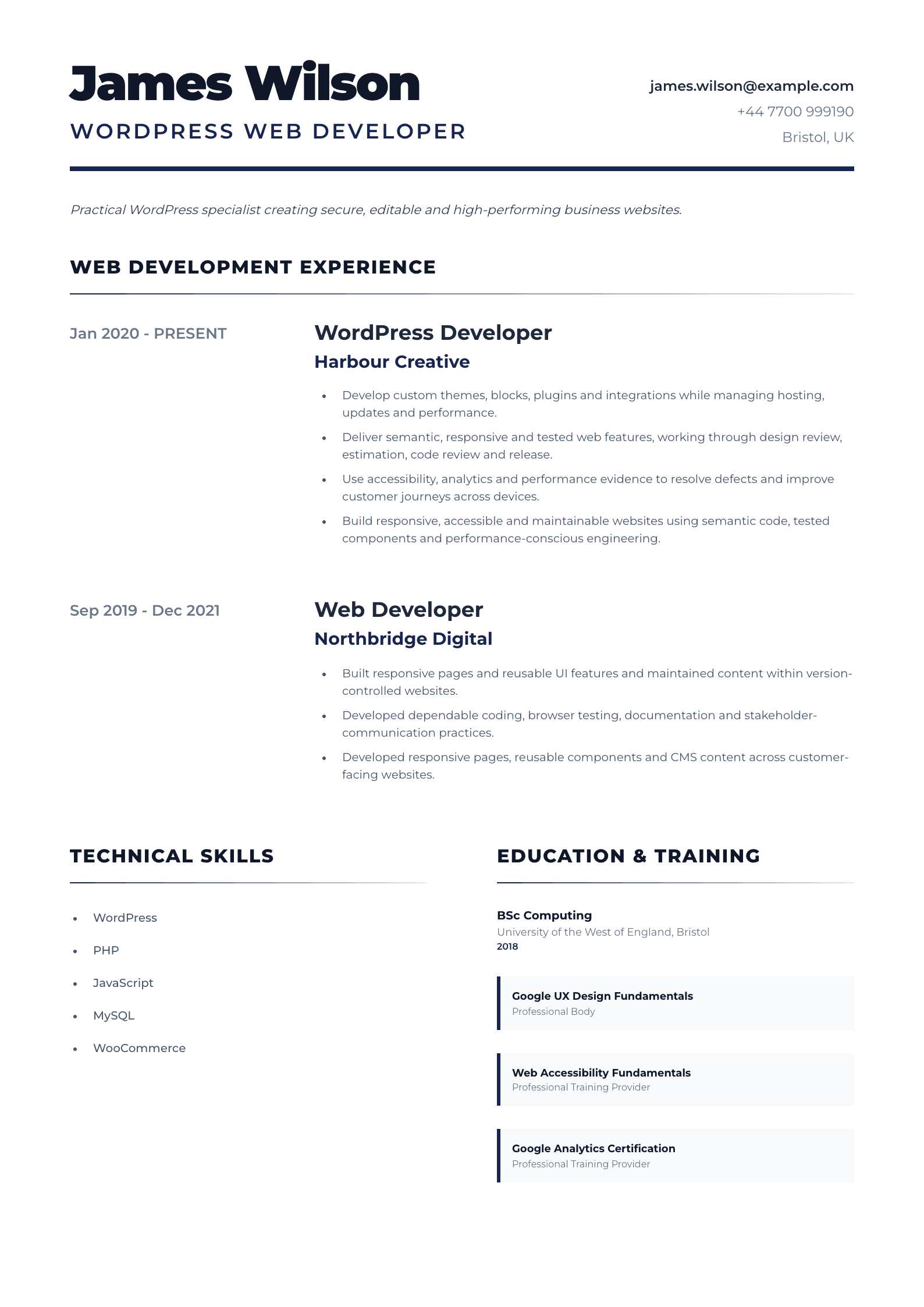 WordPress Web Developer CV template