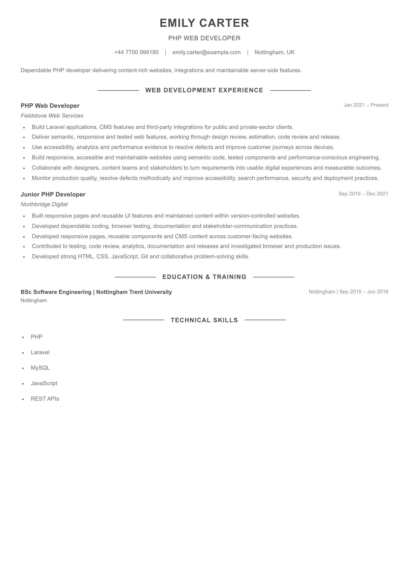 PHP Web Developer CV template