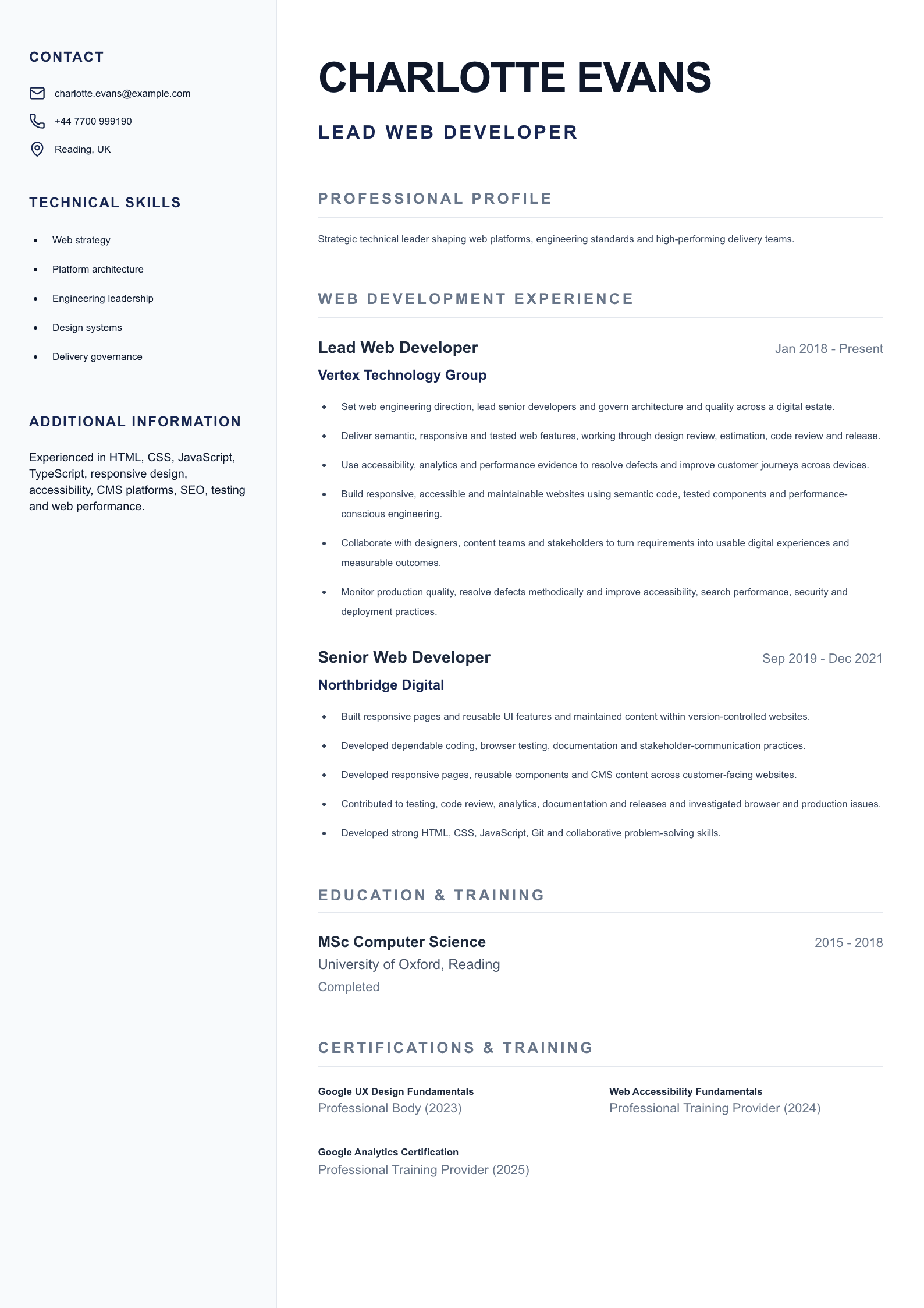 Lead Web Developer CV template