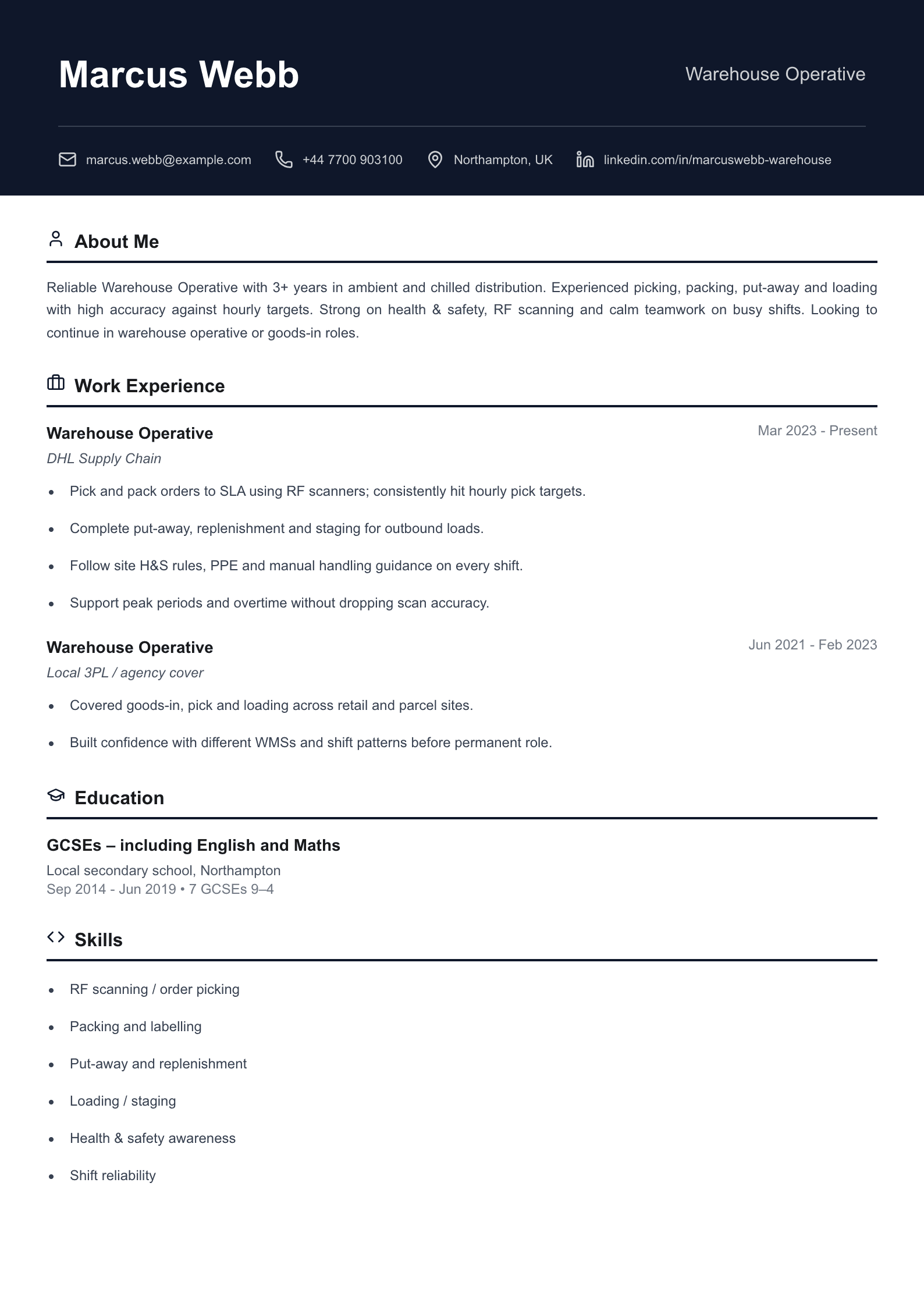 Warehouse operative CV template