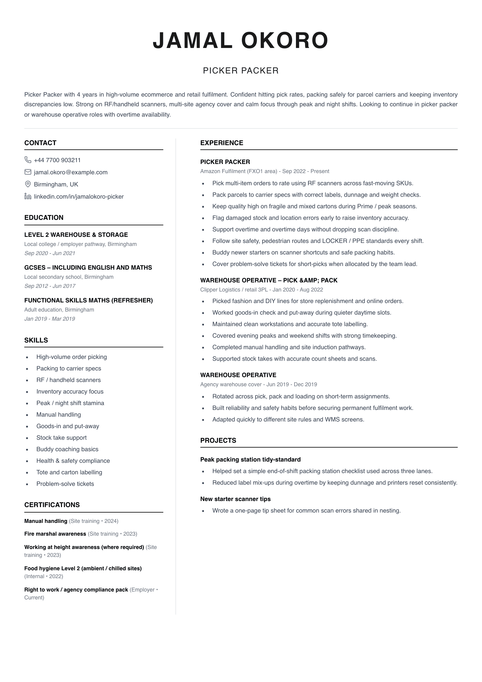 picker packer cv template