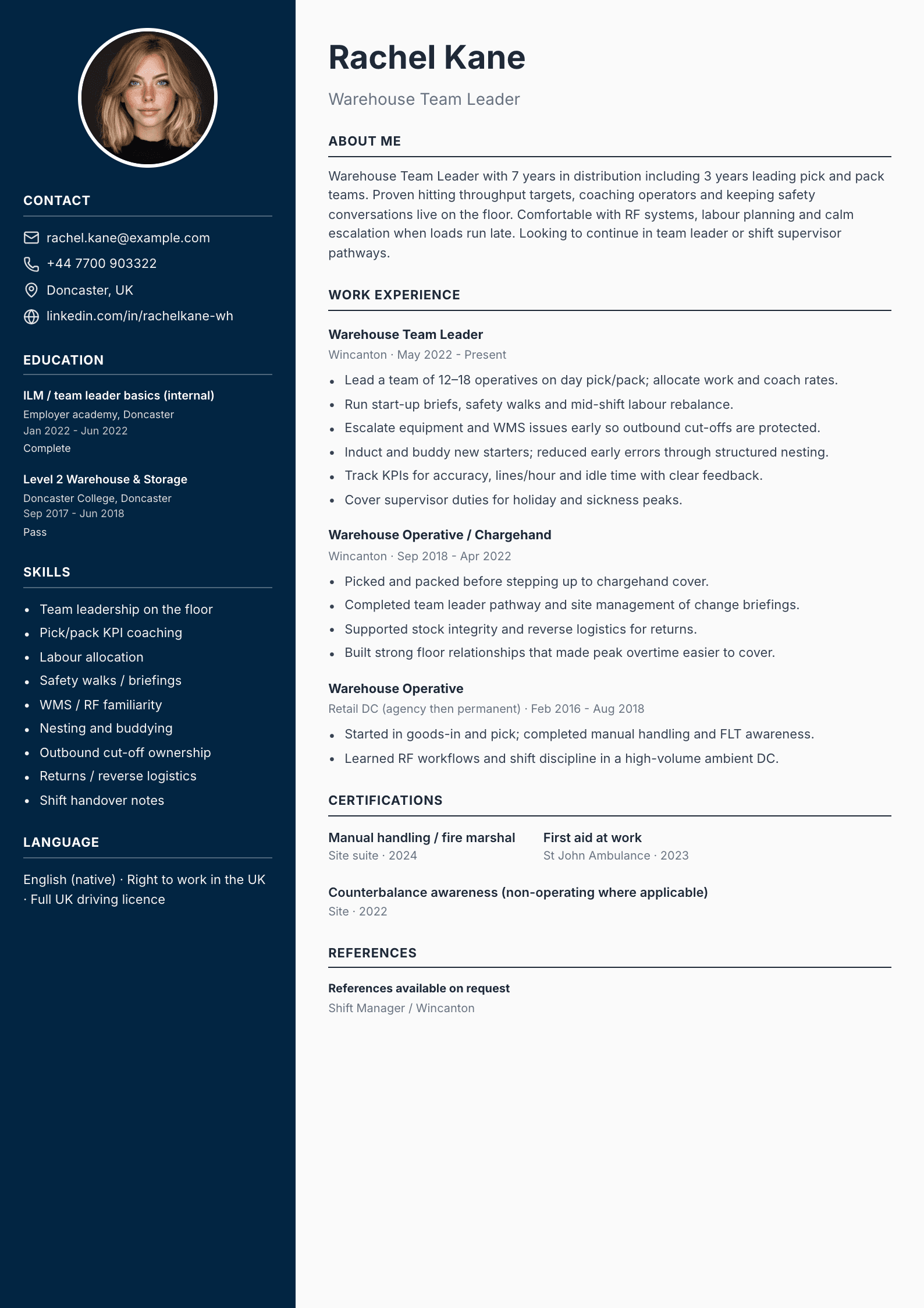 Warehouse team leader CV template