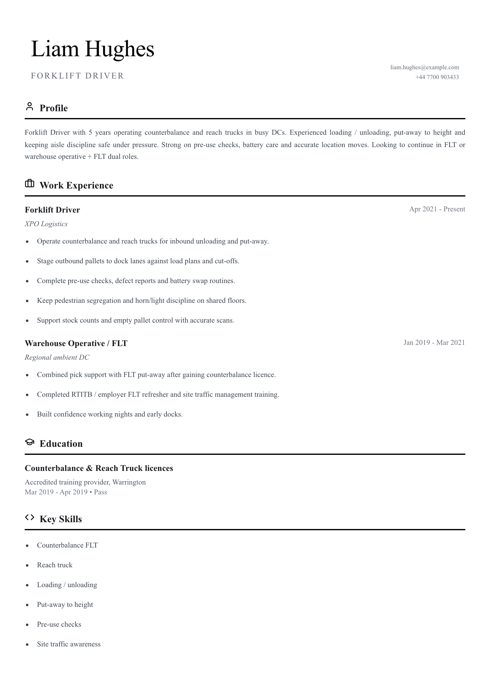 Forklift driver CV template