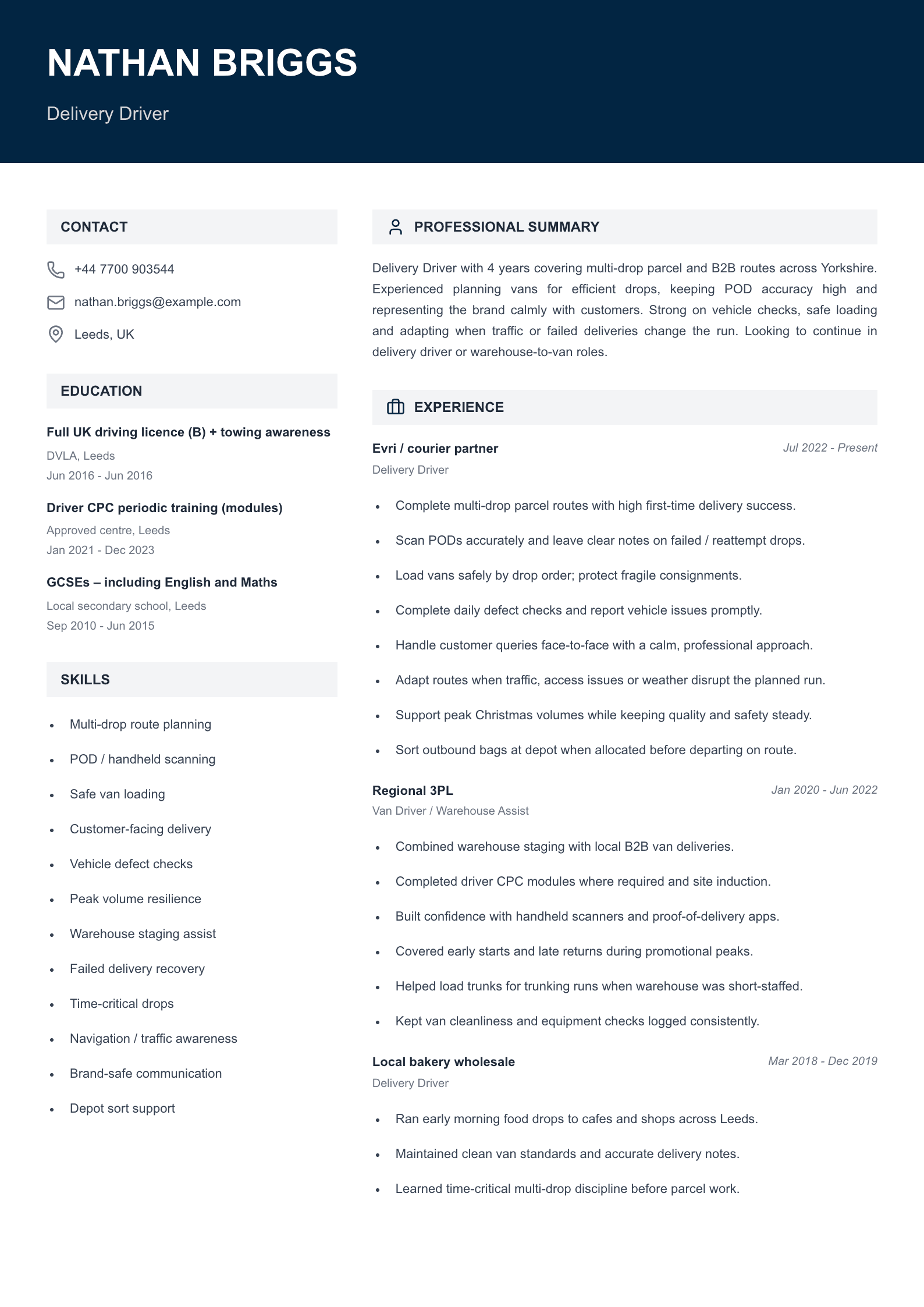 delivery driver cv template