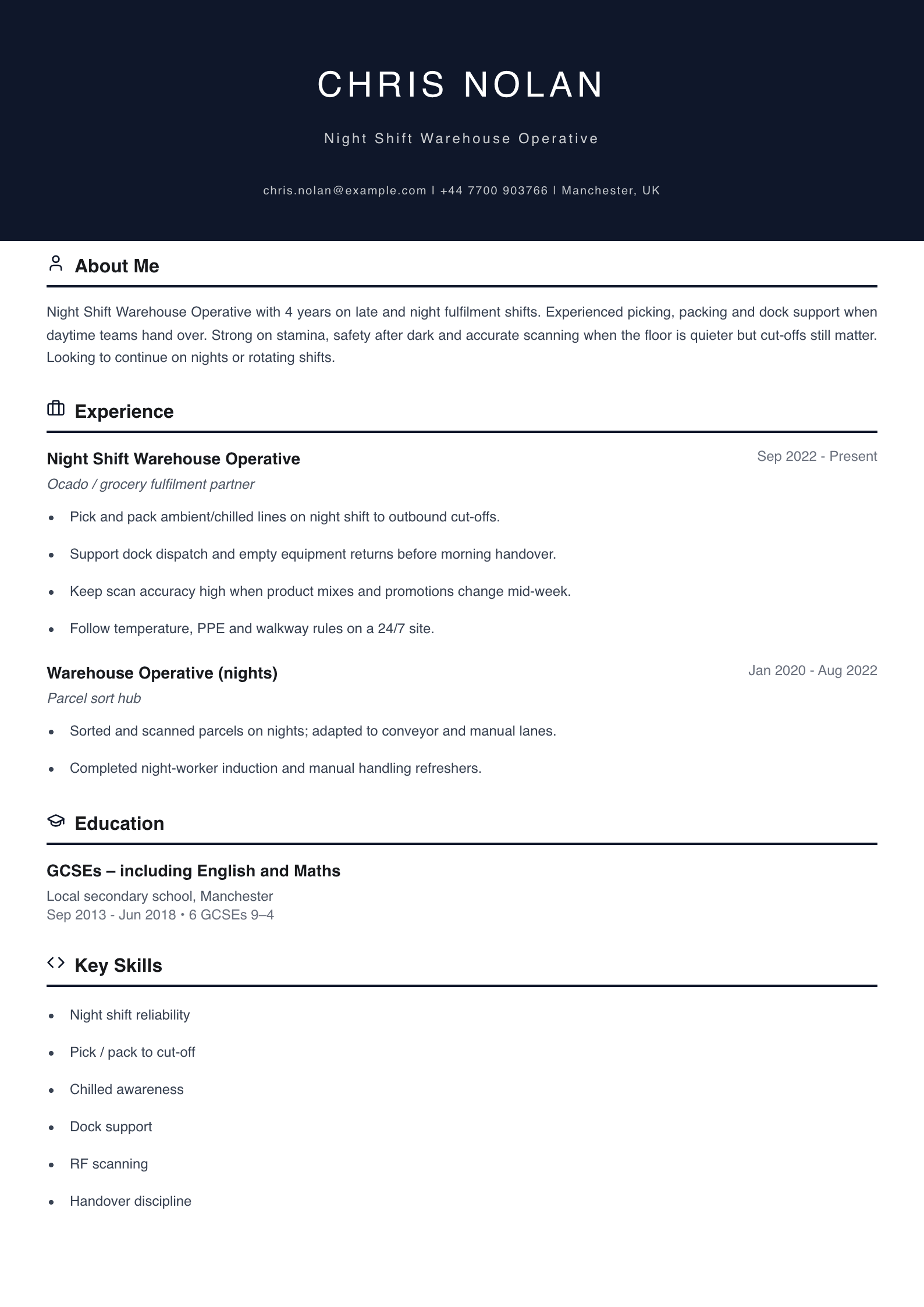 night shift warehouse operative cv template