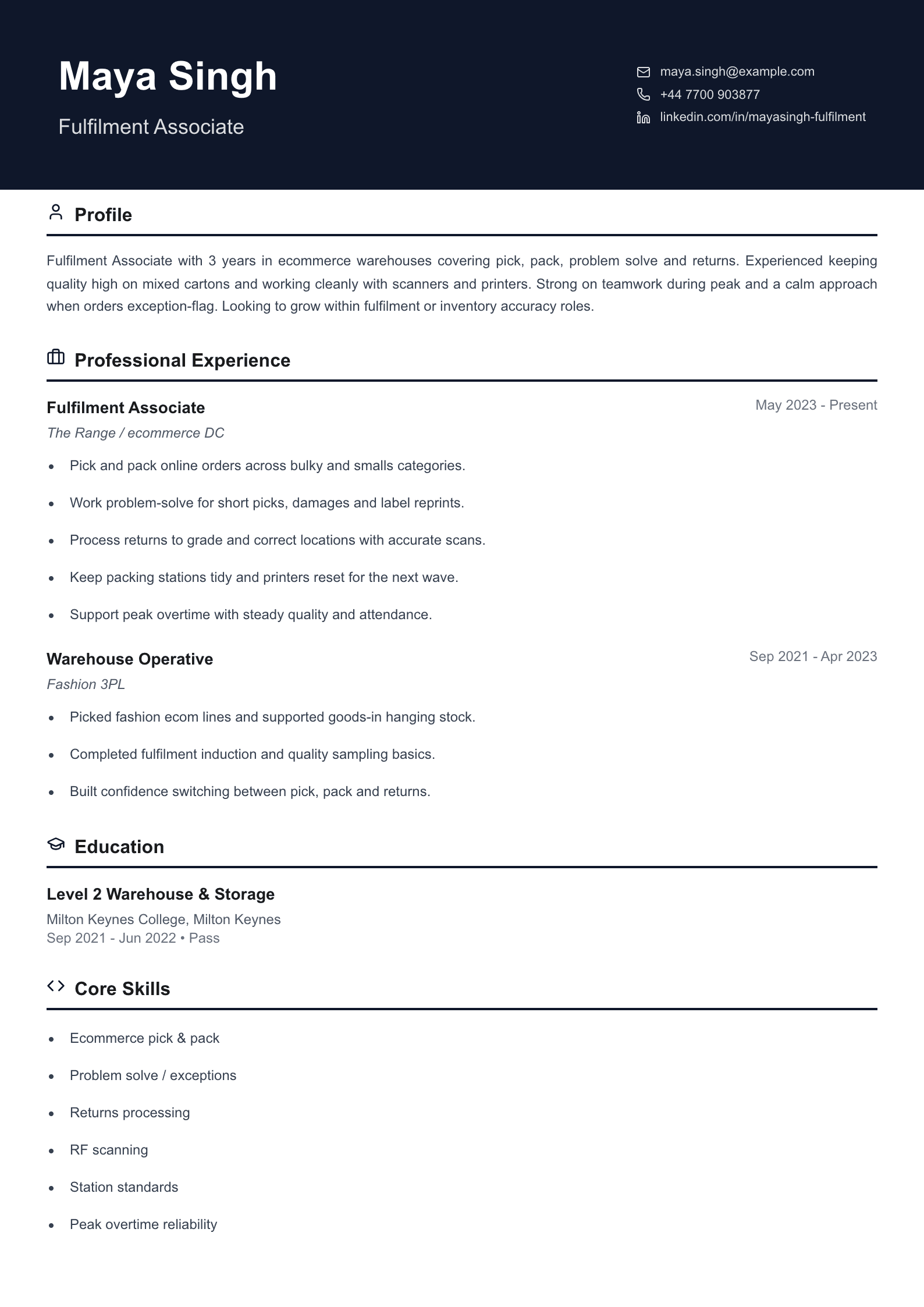 fulfilment associate cv template