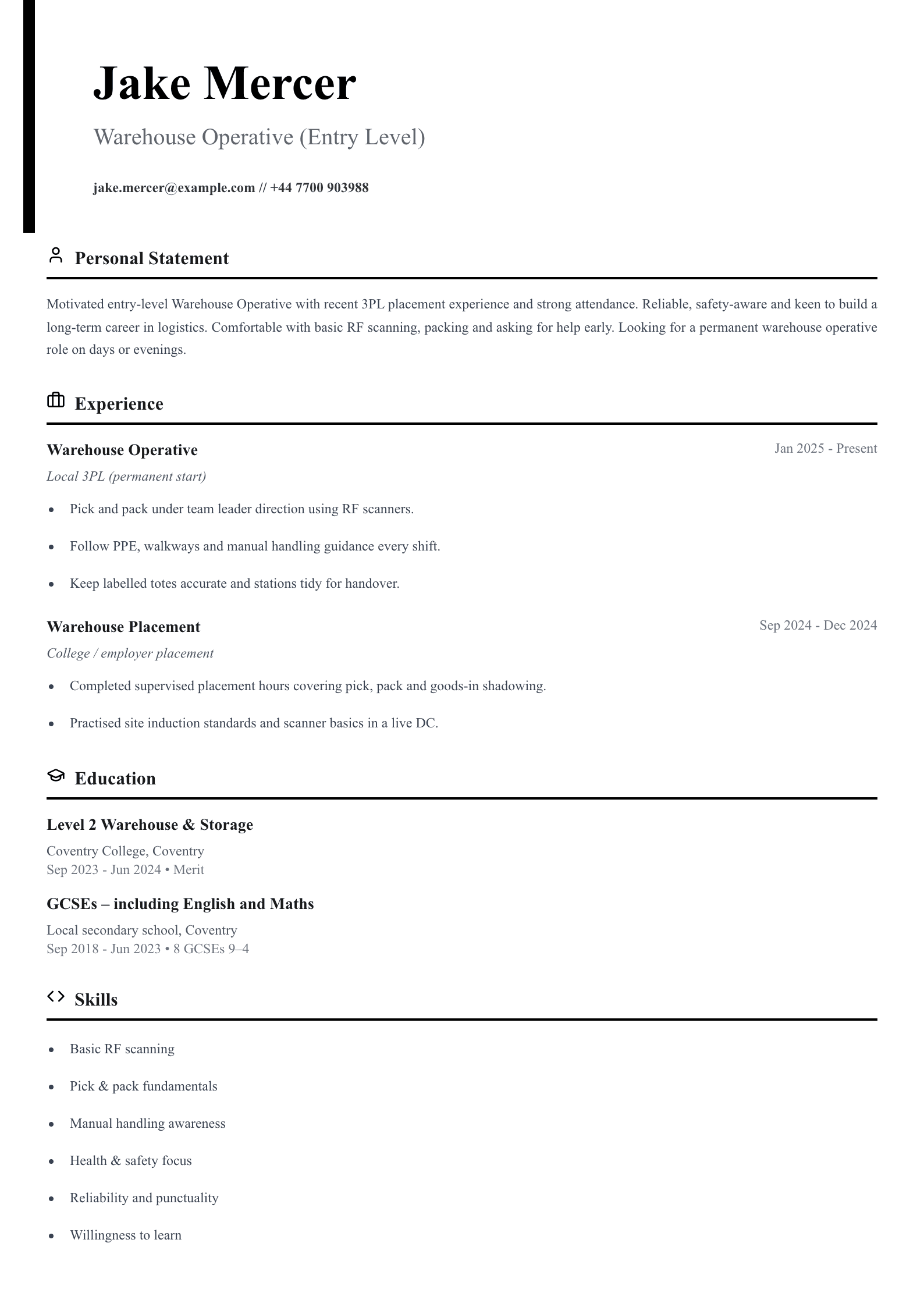 entry level warehouse operative cv template