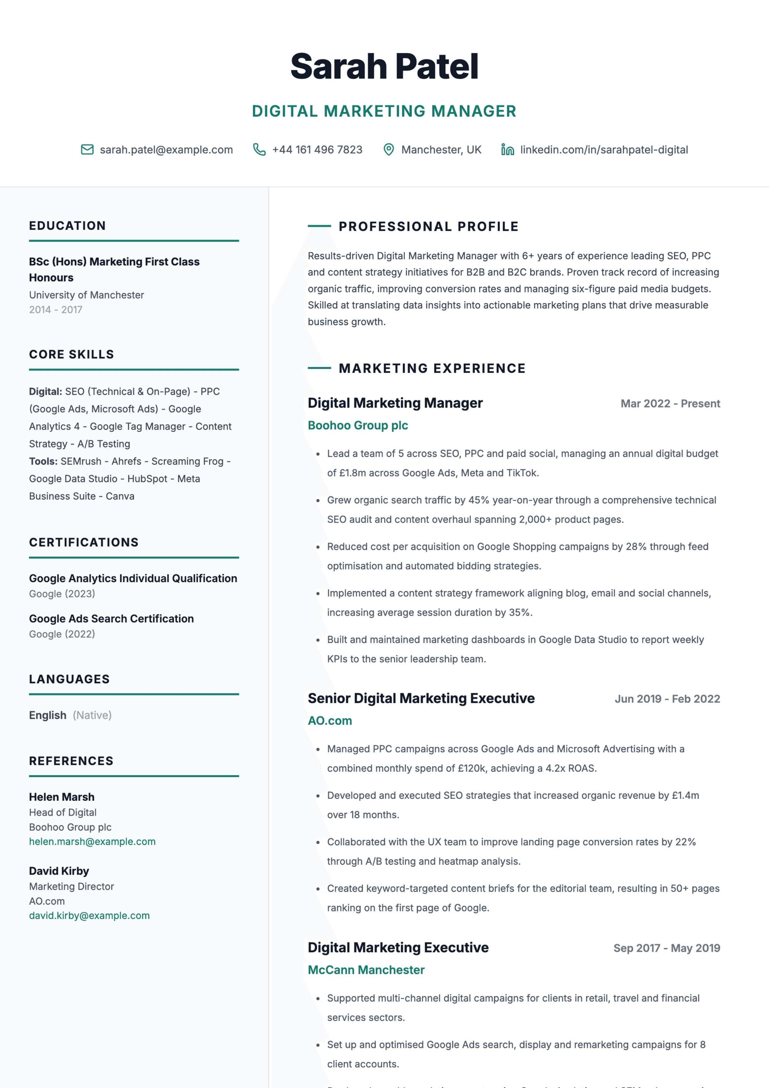 Digital marketing manager CV template