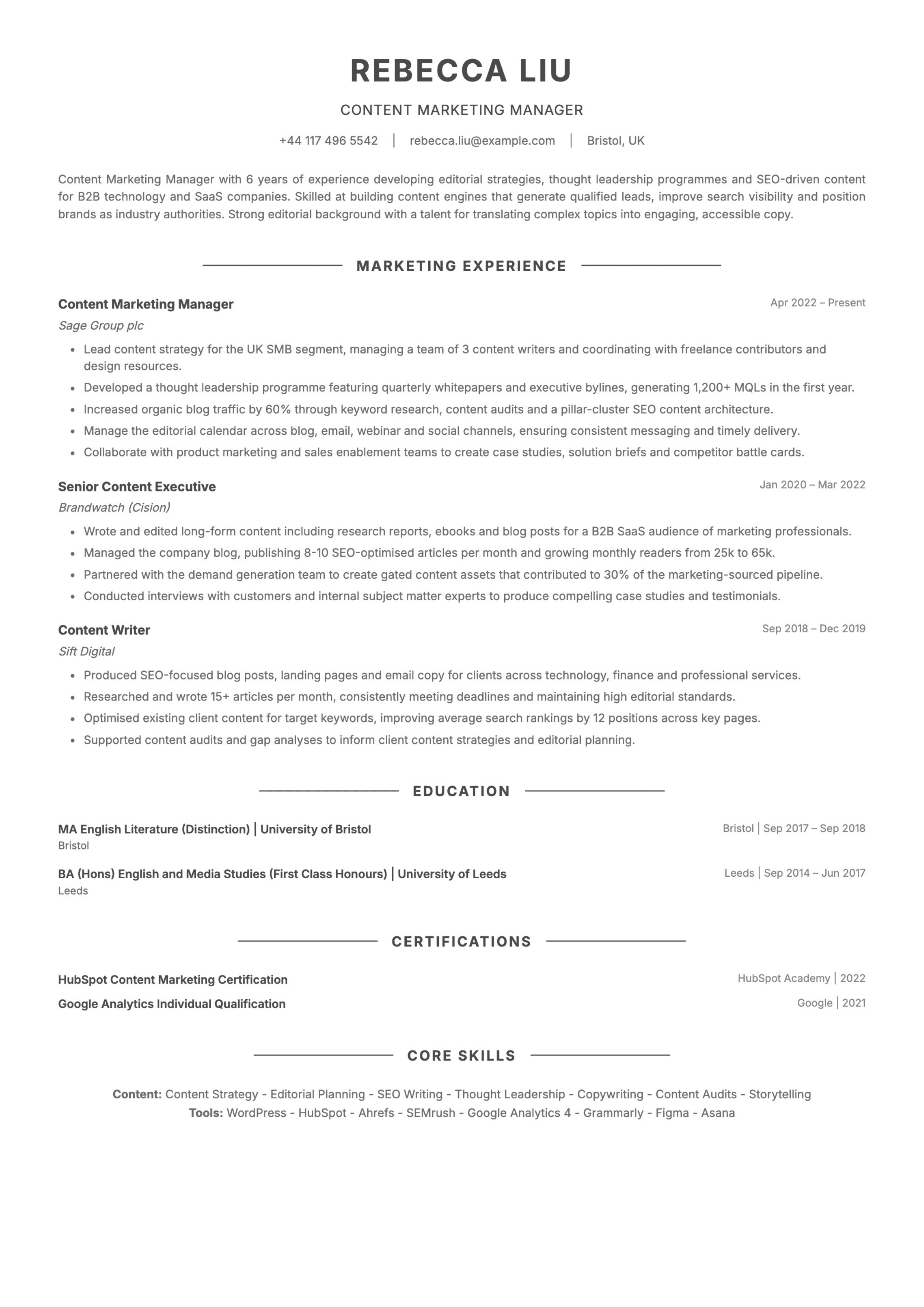 Content marketing manager CV template