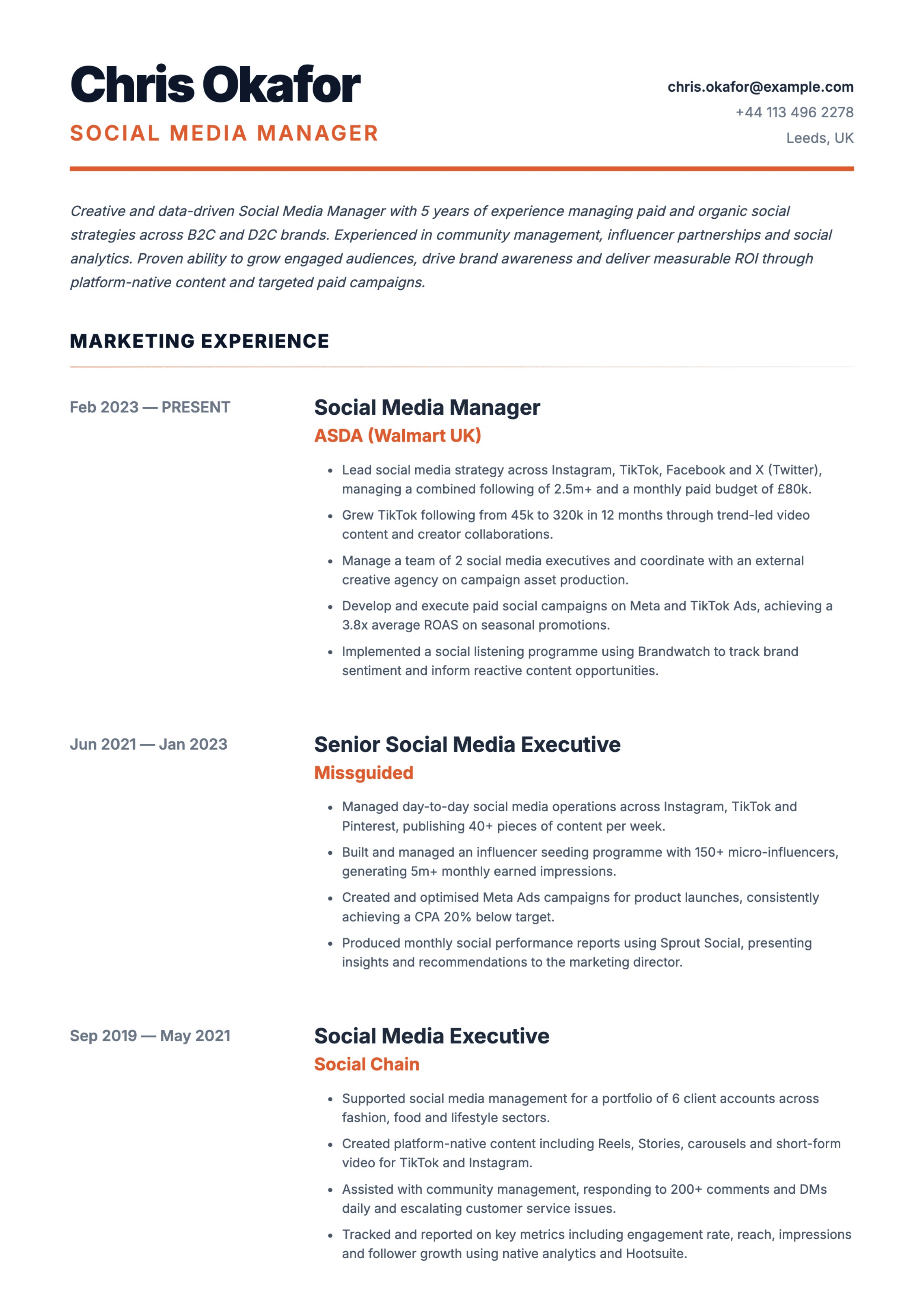 social media manager cv template