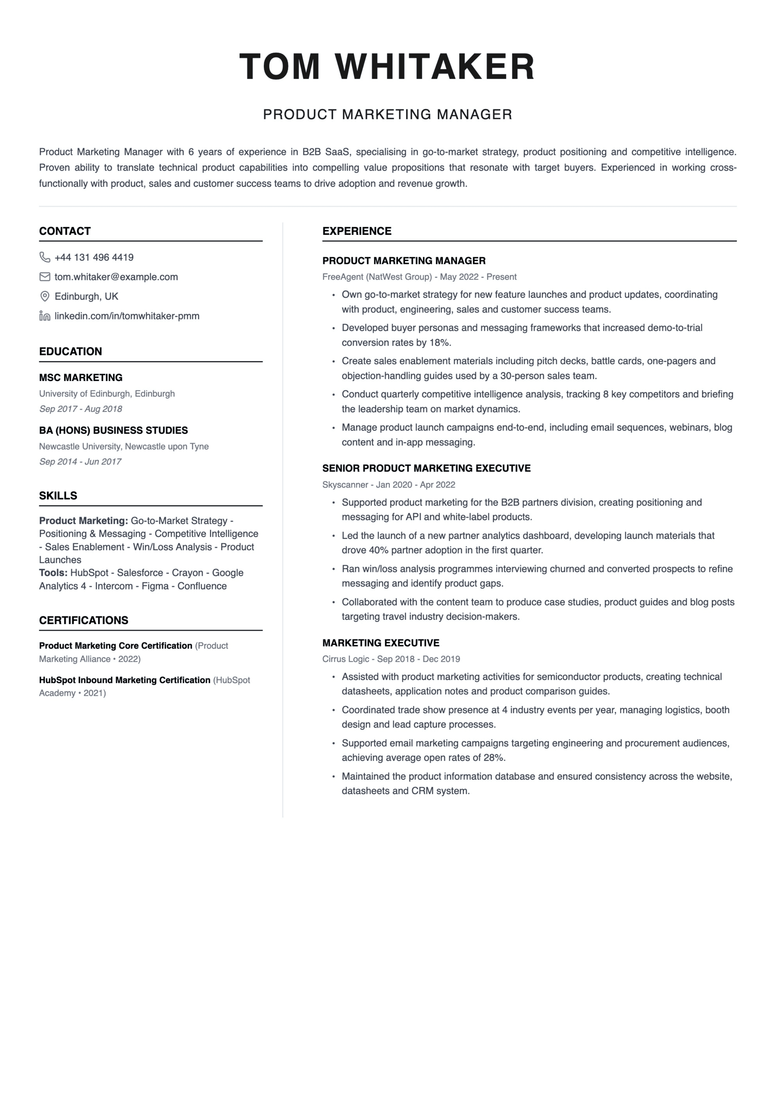 product marketing manager cv template