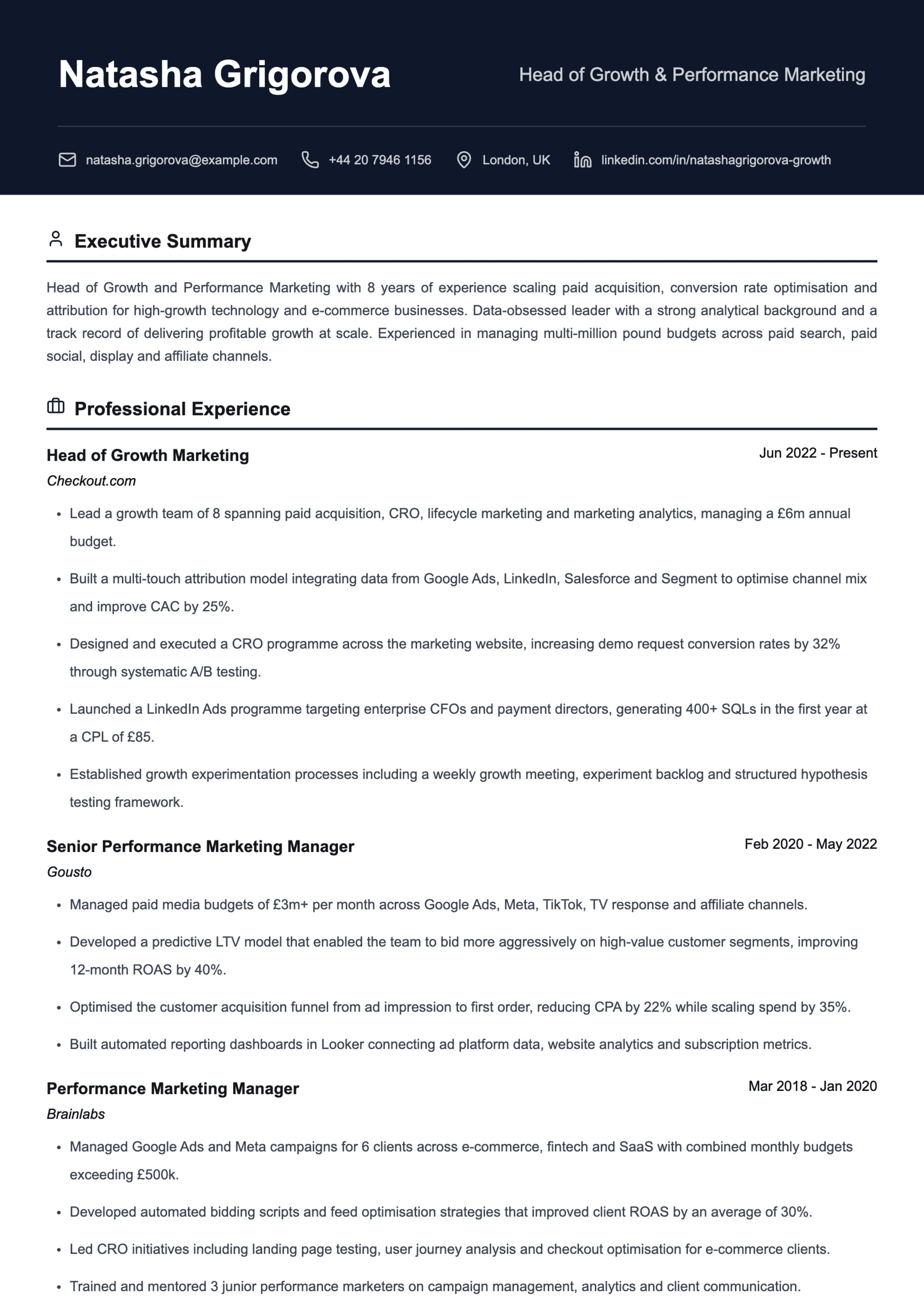 head of growth cv template