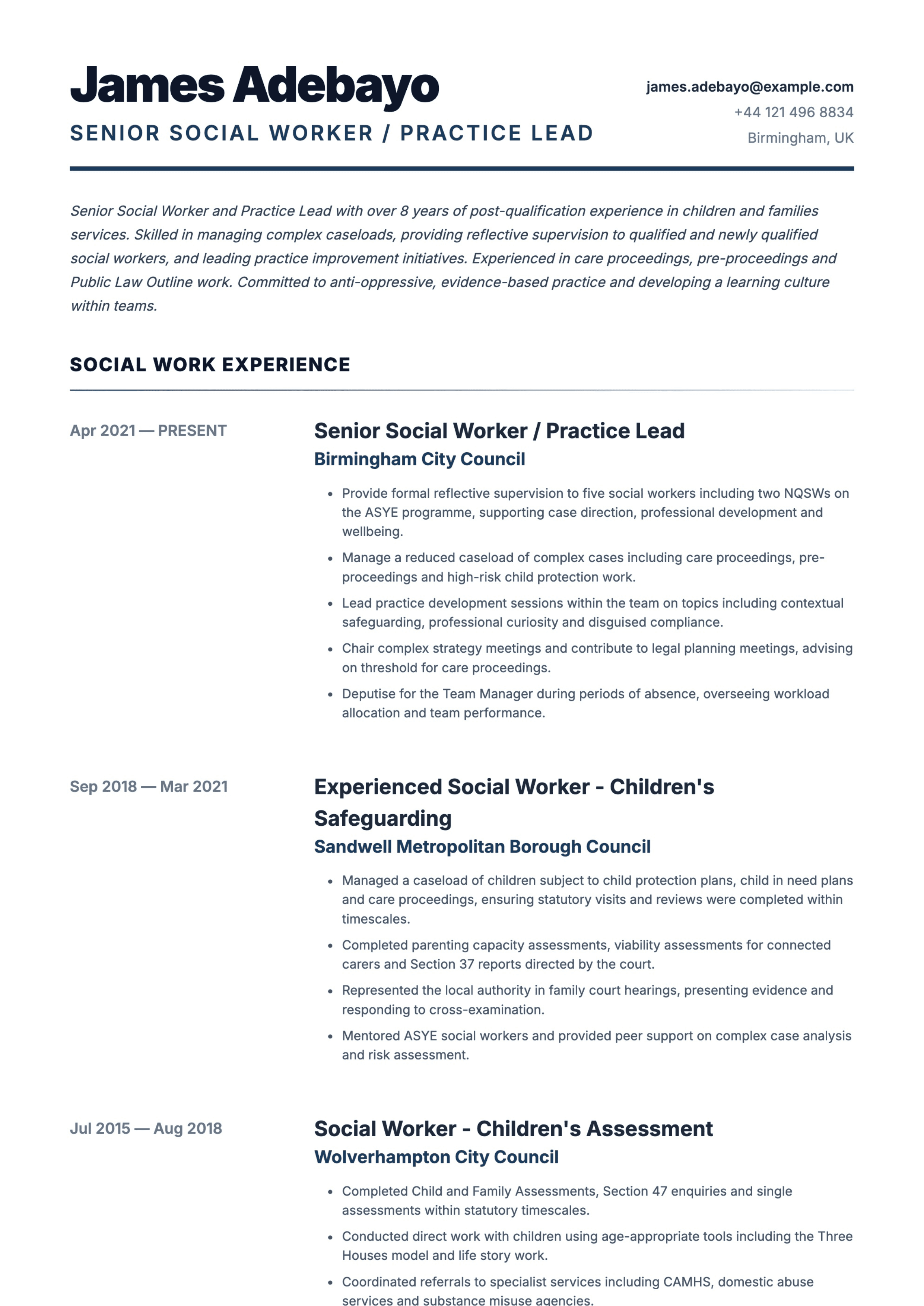 senior social worker practice lead cv template
