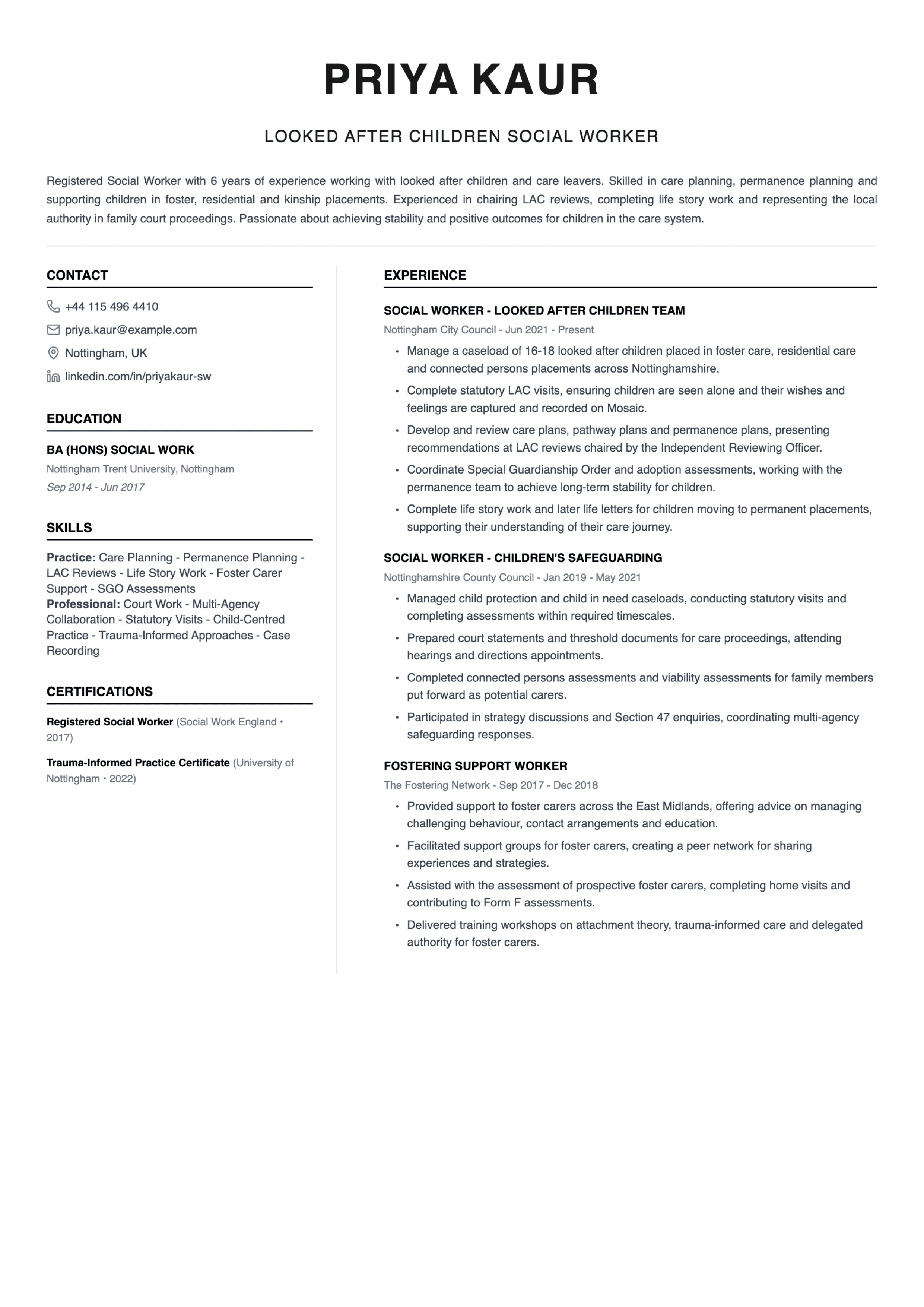 lac social worker cv template