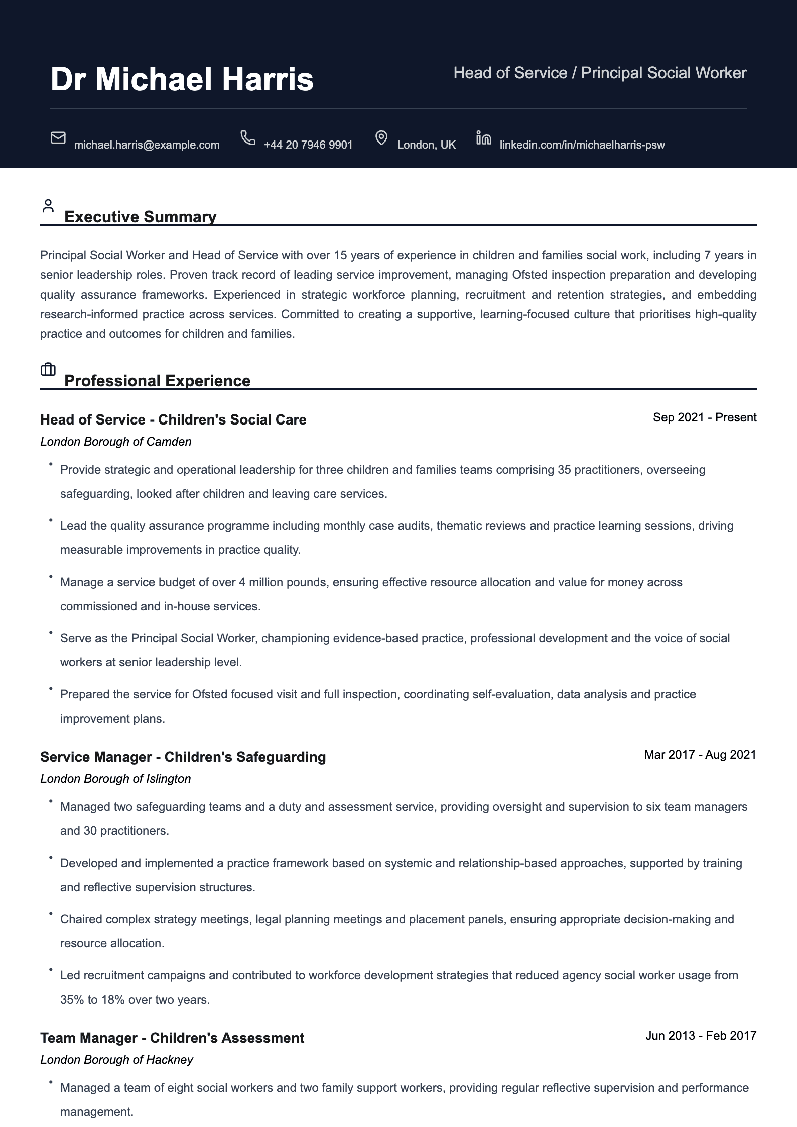 head of service principal social worker cv template