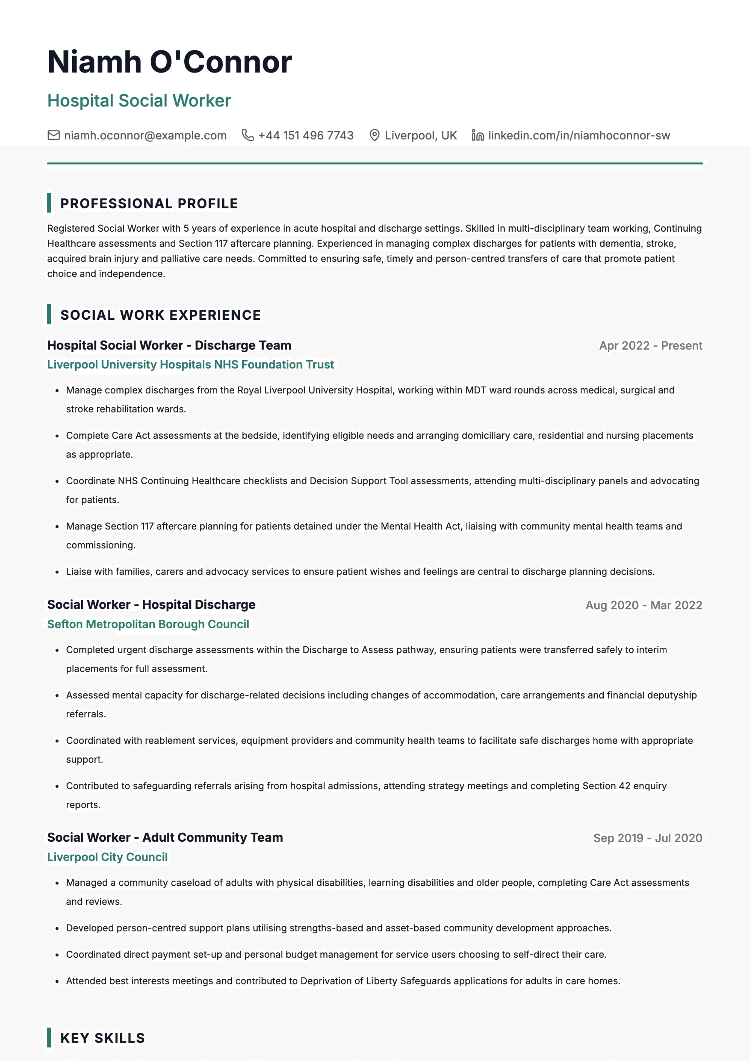hospital discharge social worker cv template