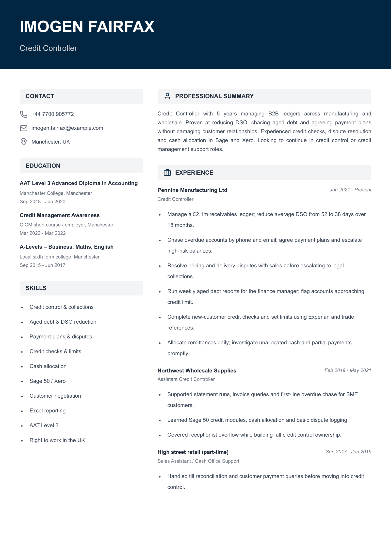 credit controller cv template