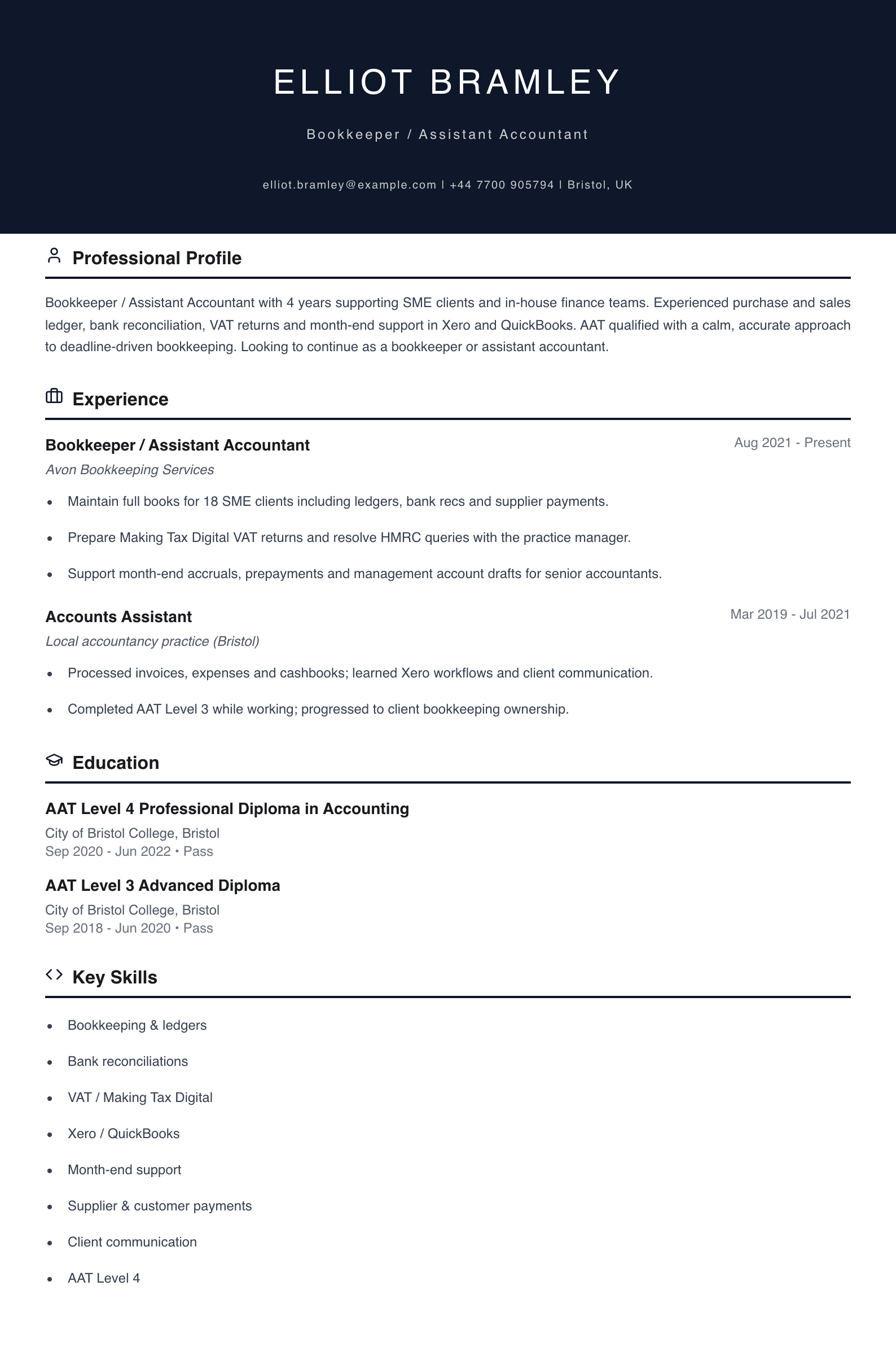 bookkeeper assistant accountant cv template