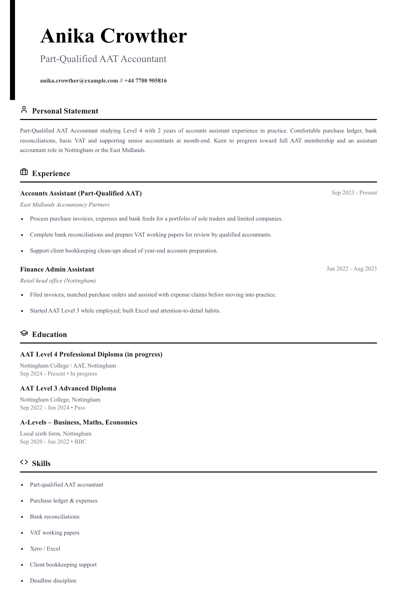 part qualified aat accountant cv template