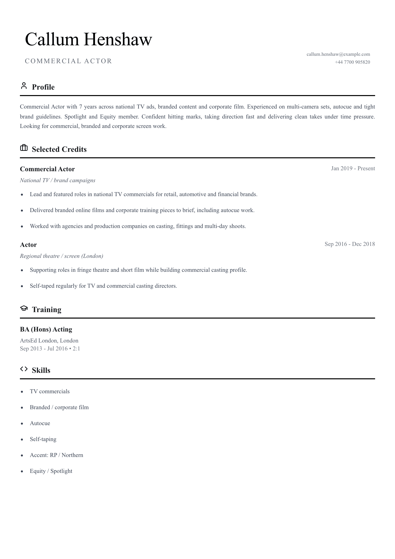 commercial actor cv template