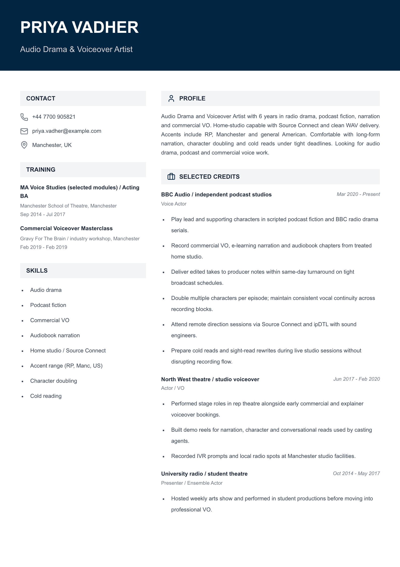 audio drama voiceover actor cv template