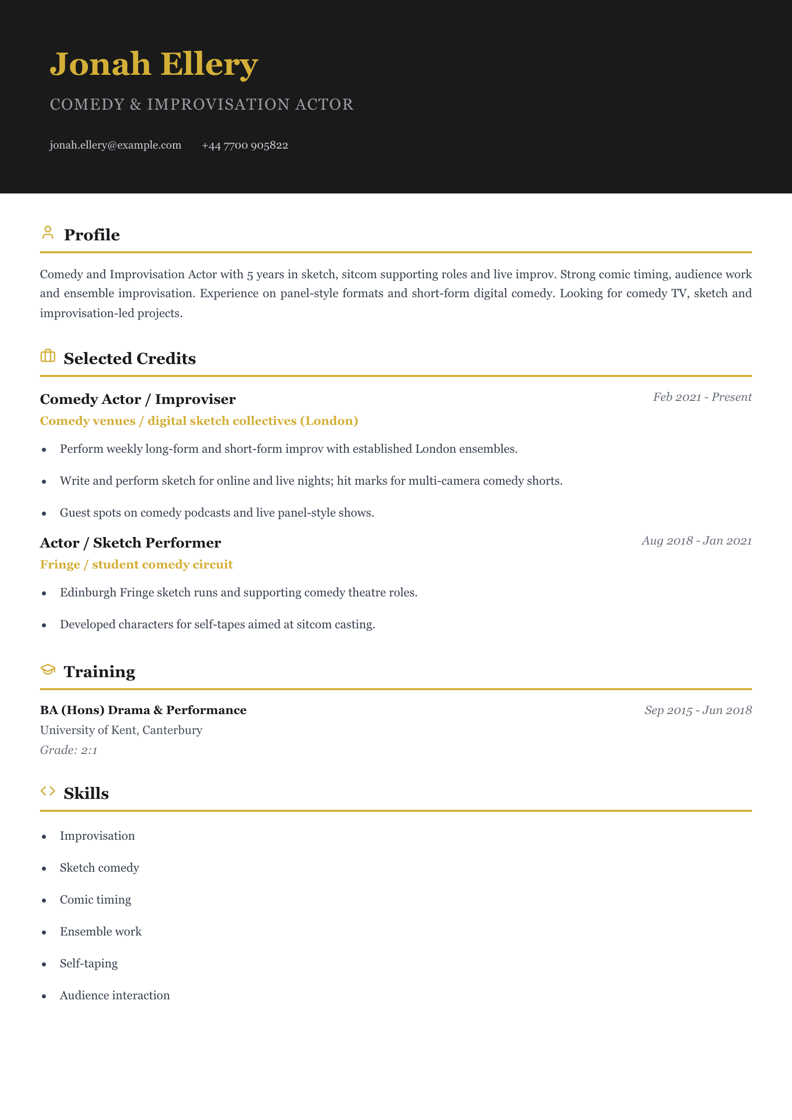 comedy improvisation actor cv template
