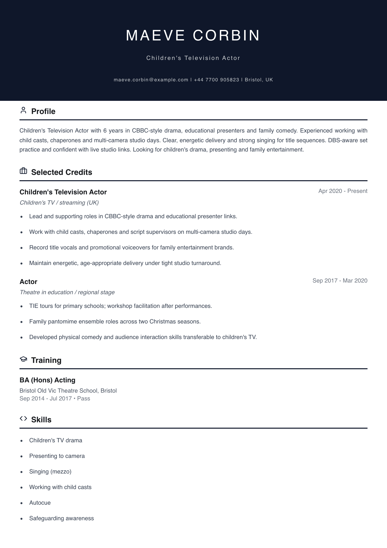 childrens television actor cv template