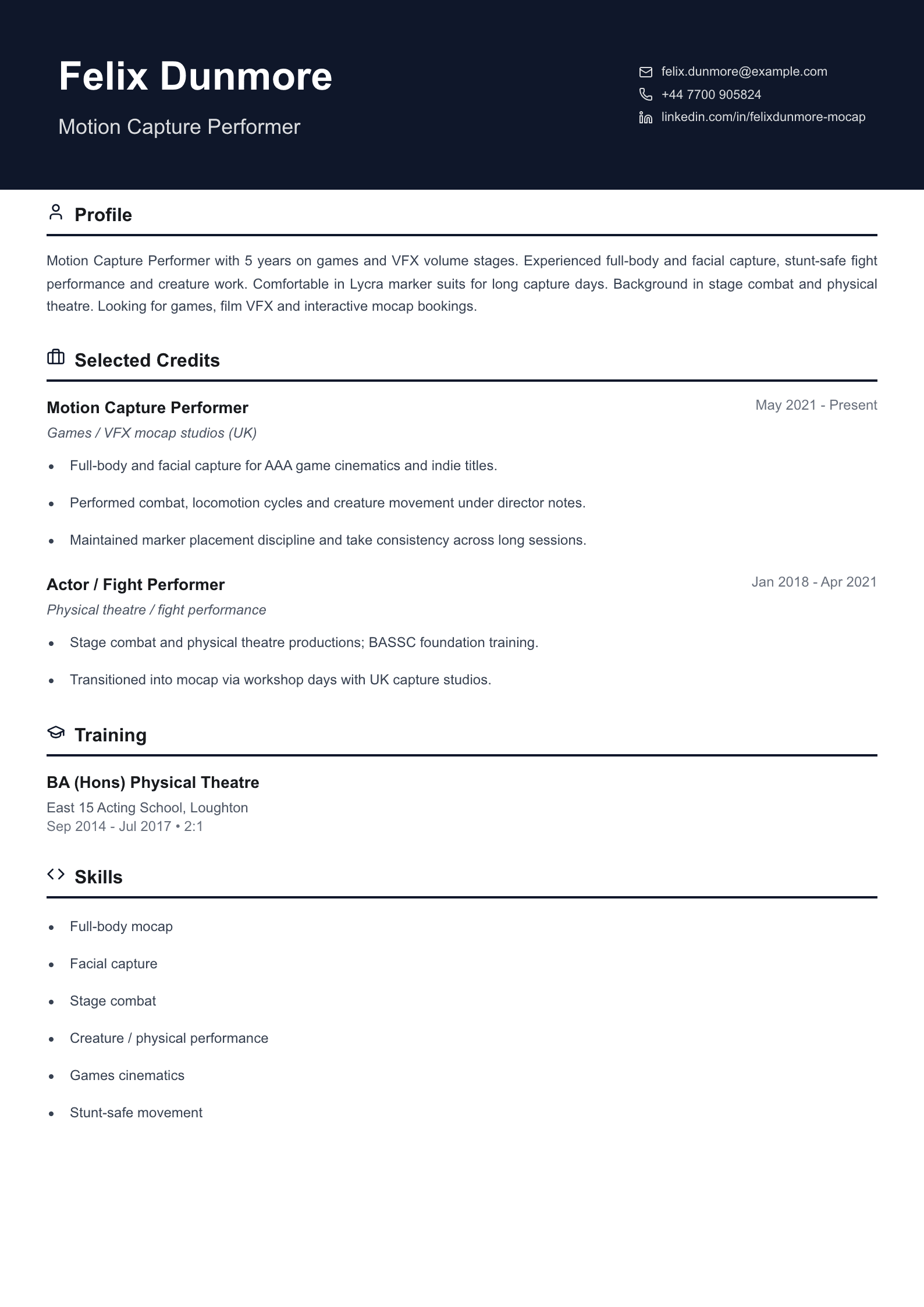 motion capture performer cv template