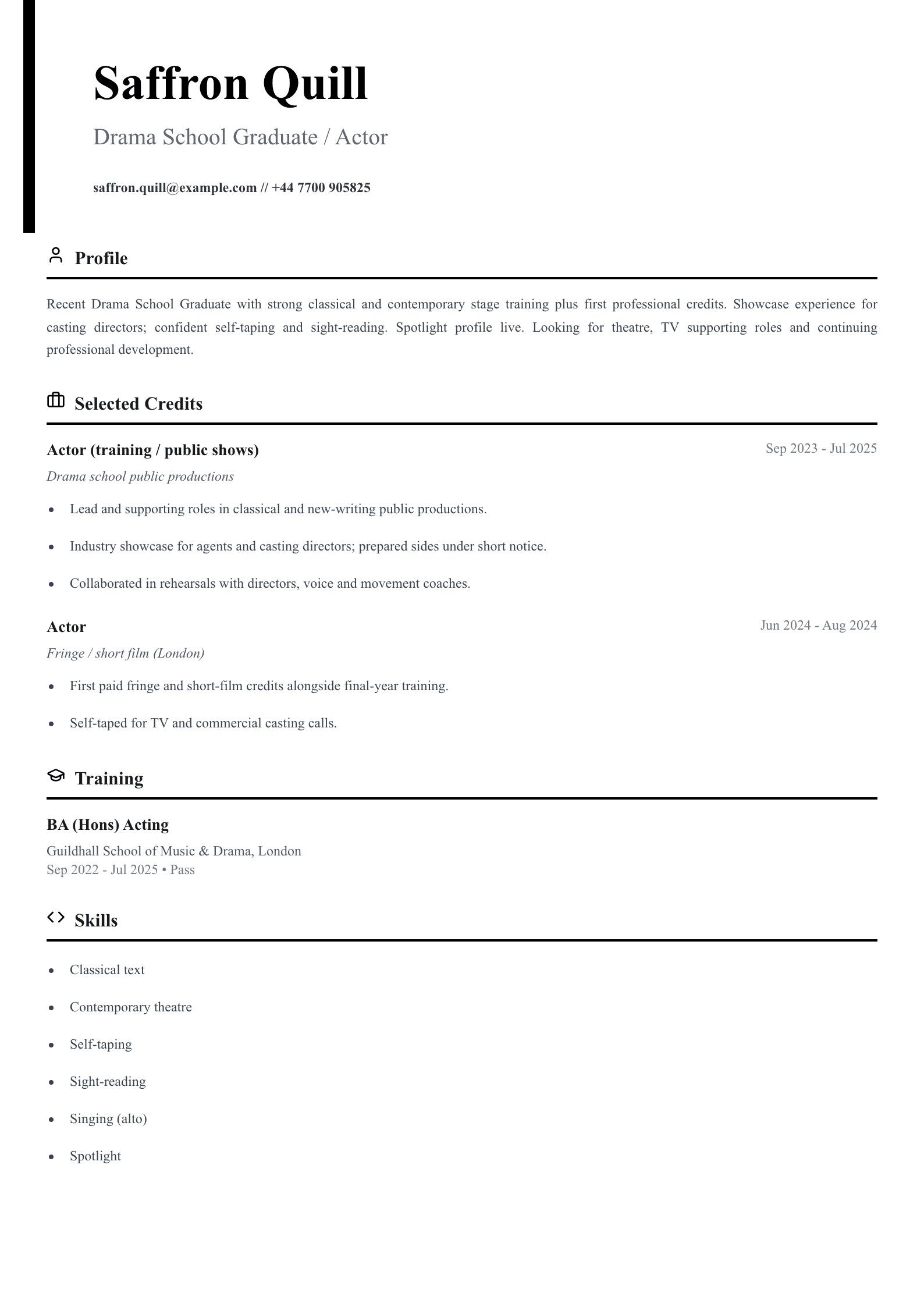 drama school graduate actor cv template
