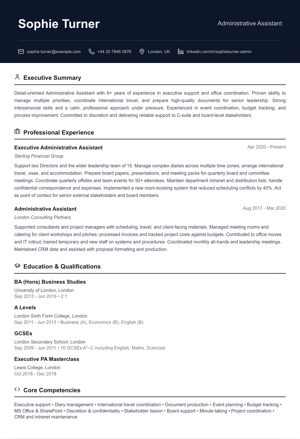 administrative assistant cv template