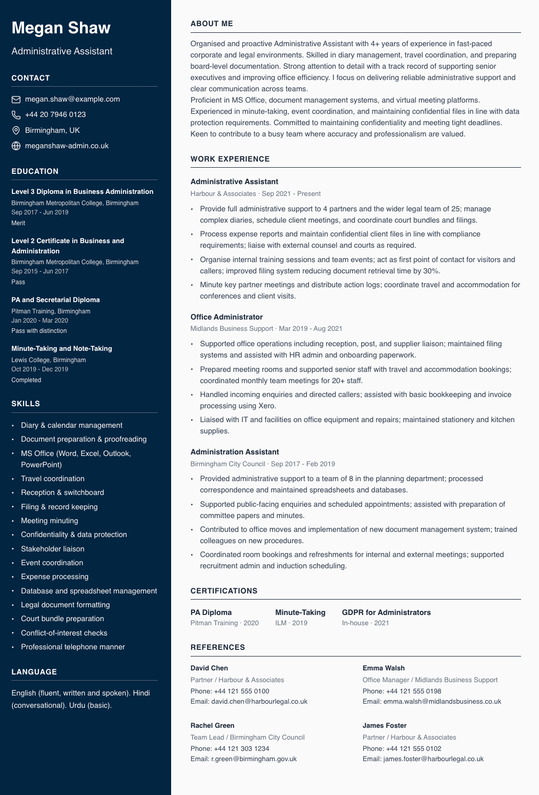 administrative assistant cv template